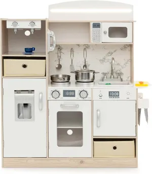 KOTEK Play Kitchen with Lights and Sounds, Wooden Toddler Kitchen Playset w/Ice Maker, Coffee Maker, 19 Accessories & Microwave, Chef Pretend Play Toy Kitchen Set for Kids Girls & Boys Ages 3 (White)