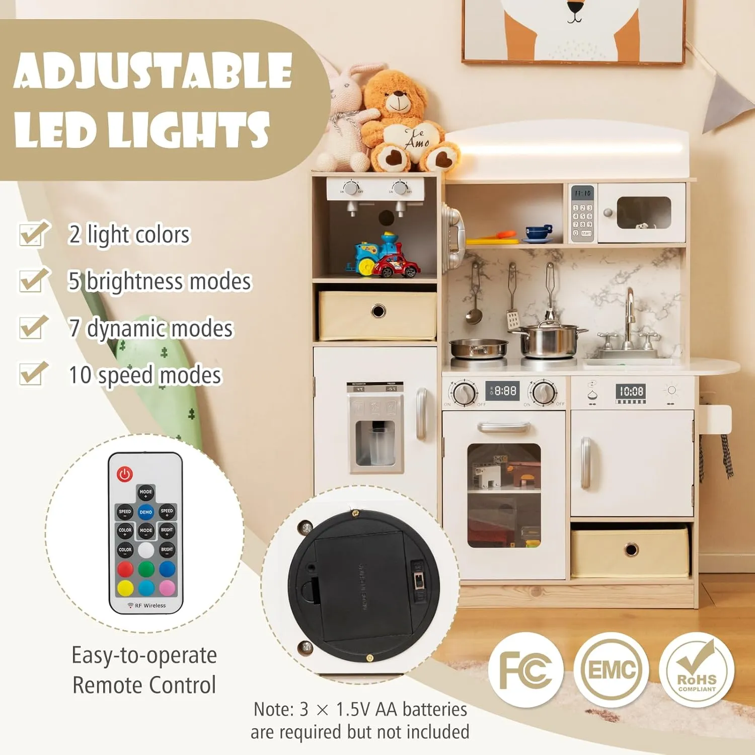 KOTEK Play Kitchen with Lights and Sounds, Wooden Toddler Kitchen Playset w/Ice Maker, Coffee Maker, 19 Accessories & Microwave, Chef Pretend Play Toy Kitchen Set for Kids Girls & Boys Ages 3 (White)