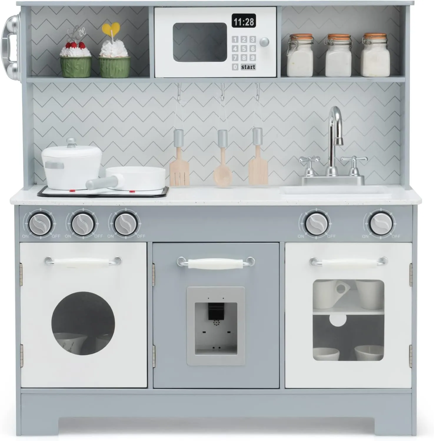 KOTEK Play Kitchen, Wooden Toddler Kitchen Playset with Water Dispenser & Stoves/Lights and Sounds, Microwave, Oven, Telephone & Cookware, Chef Pretend Kitchen Set for Kids, Gift for Aged 3  (Grey)
