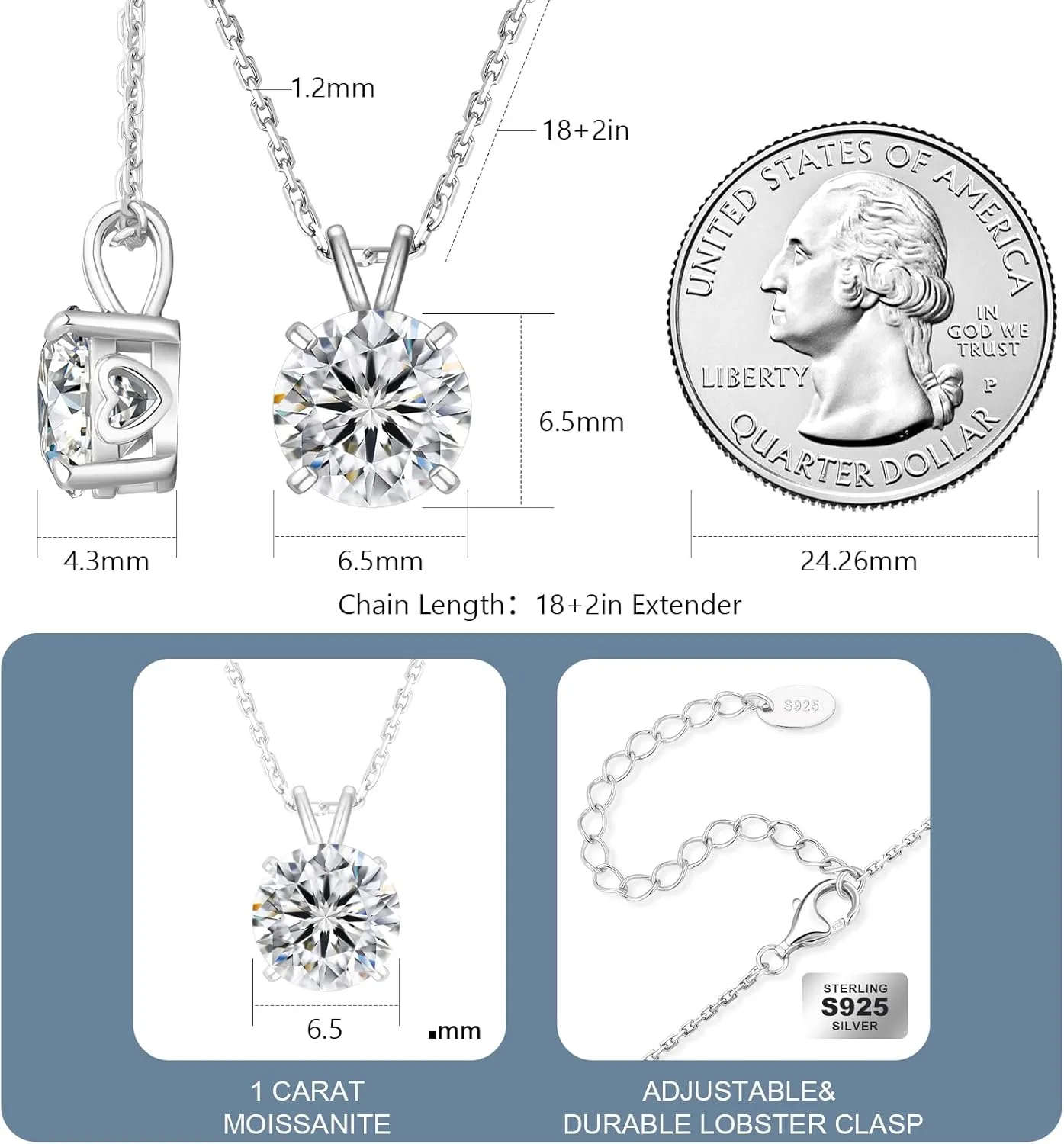 KRKC&CO Moissanite Necklace for Women, Sterling Silver Lab Solitaire Pendant for Her, 4-Prong, GRA, Gift for Anniversary, Birthday, Wedding - to Wife, Mom, 0.5/1/2/3/4CT White Golden Jewelry
