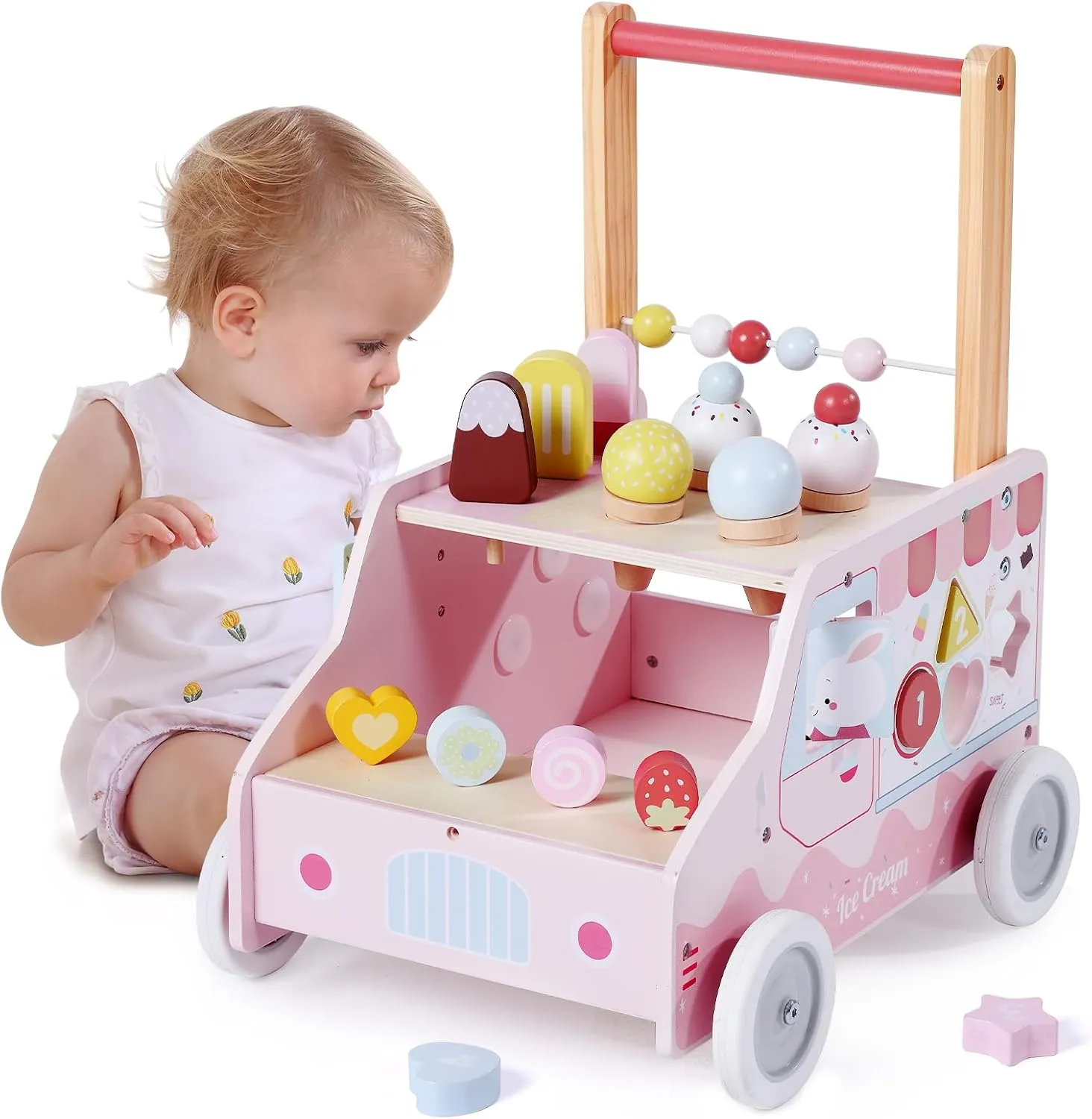 labebe Wooden Baby Walker, Push Activity Walker for Kids 12M , Multifunctional Ice Cream Cart Activity, Adjustable Speed Learning Walking with Wheels, Birthday Gift for Girls Boys Ages 1-3 (Pink)