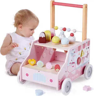 labebe Wooden Baby Walker, Push Activity Walker for Kids 12M , Multifunctional Ice Cream Cart Activity, Adjustable Speed Learning Walking with Wheels, Birthday Gift for Girls Boys Ages 1-3 (Pink)