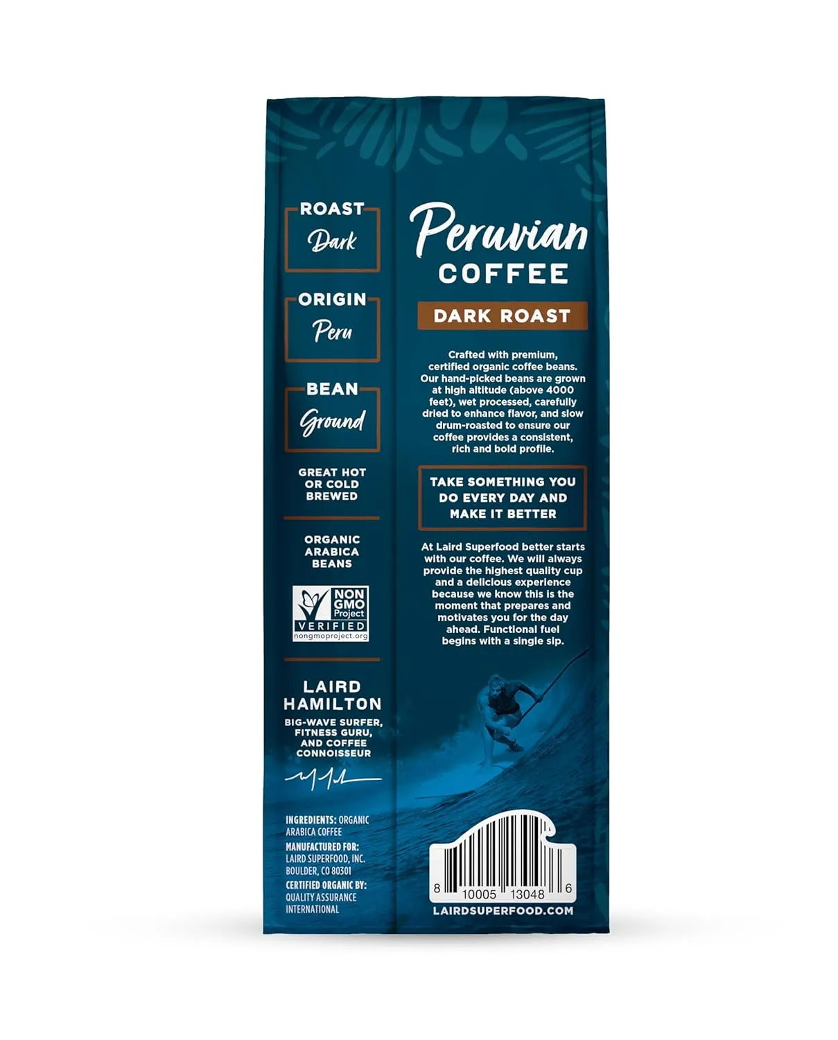 Laird Superfood Peruvian Dark Roast Caffeinated Ground Coffee, Ethically Sourced Premium Ground Coffee, Gluten-Free, Dairy-Free, Non-GMO, Paleo, Keto Friendly, 12 oz. Bag