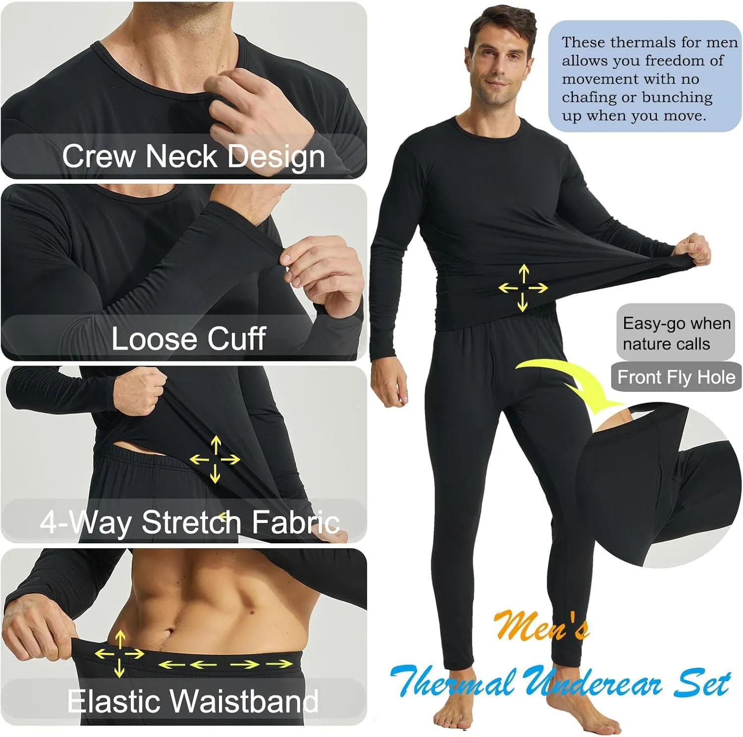 LANBAOSI Mens Long Johns Thermal Underwear Set Long Sleeve Shirt Pants Cold Weather Top and Bottoms Base Layer