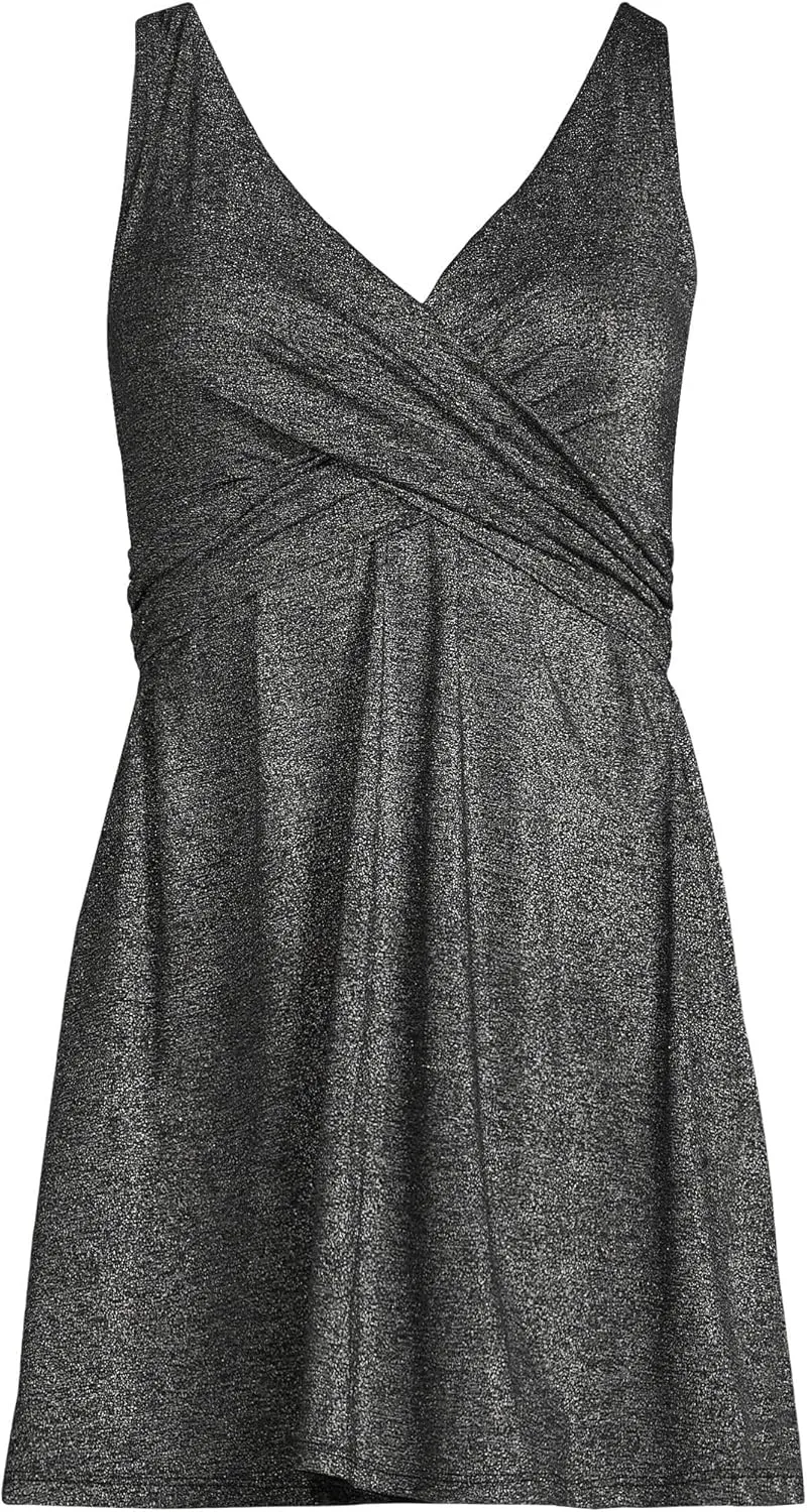 Lands' End Women's SlenderSuit V-Neck Wrap Swim Dress One Piece Swimsuit Adjustable Straps