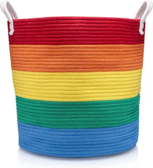 Large Rainbow Baby Laundry Basket Blanket Holder Rainbow Classroom Decor Toy Organizers And Storage Basket For Blankets Woven Basket With Handles Cotton Rope Basket 16"x16"x16"