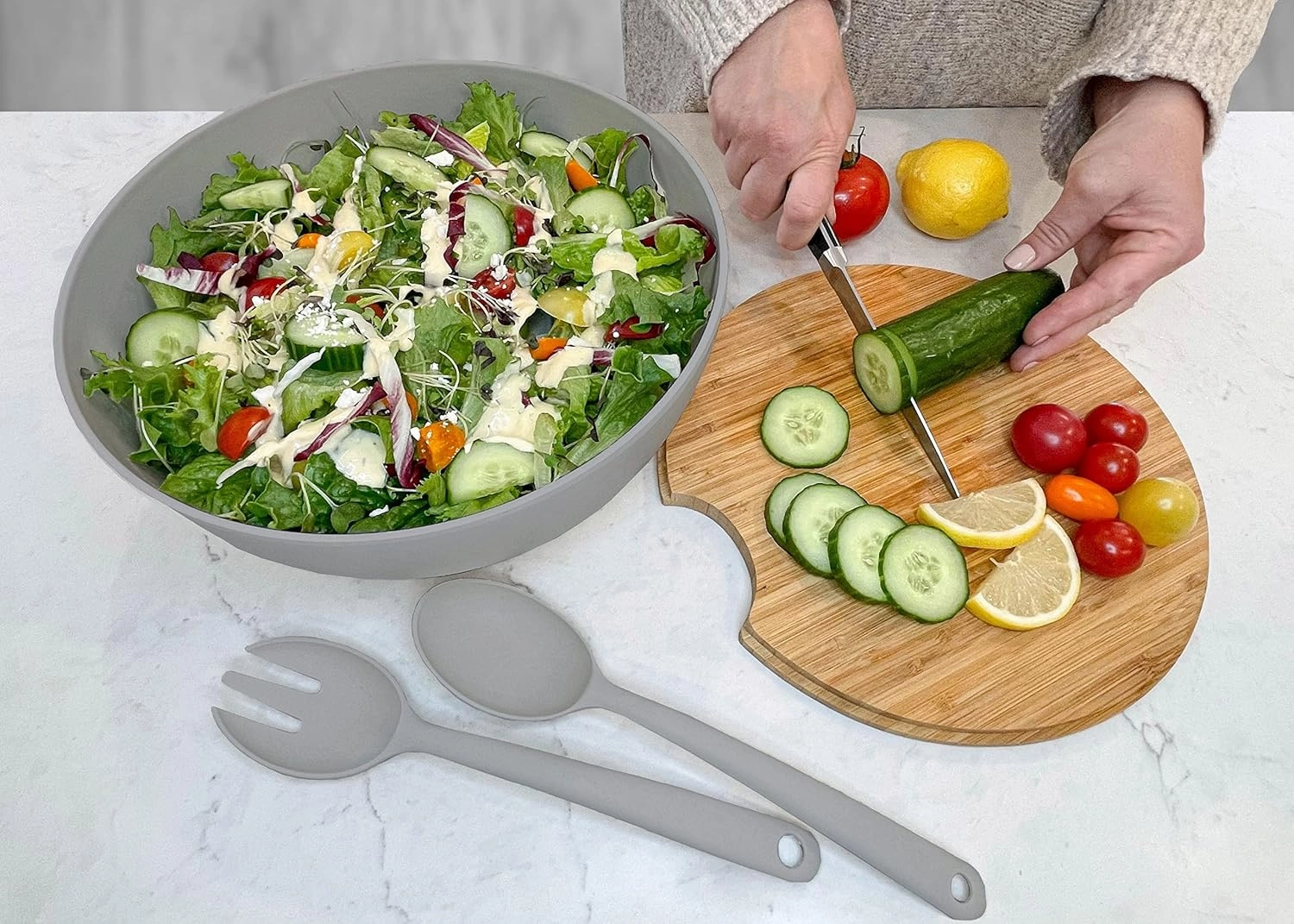 Large Salad and Serving Bowl with Bamboo Wood Lid and Servers 8pc Set - 11.5" and 8" Bamboo Fiber Pasta Bowls and Utensils with Wooden Cutting Board Tops (Grey)