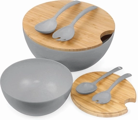 Large Salad and Serving Bowl with Bamboo Wood Lid and Servers 8pc Set - 11.5" and 8" Bamboo Fiber Pasta Bowls and Utensils with Wooden Cutting Board Tops (Grey)