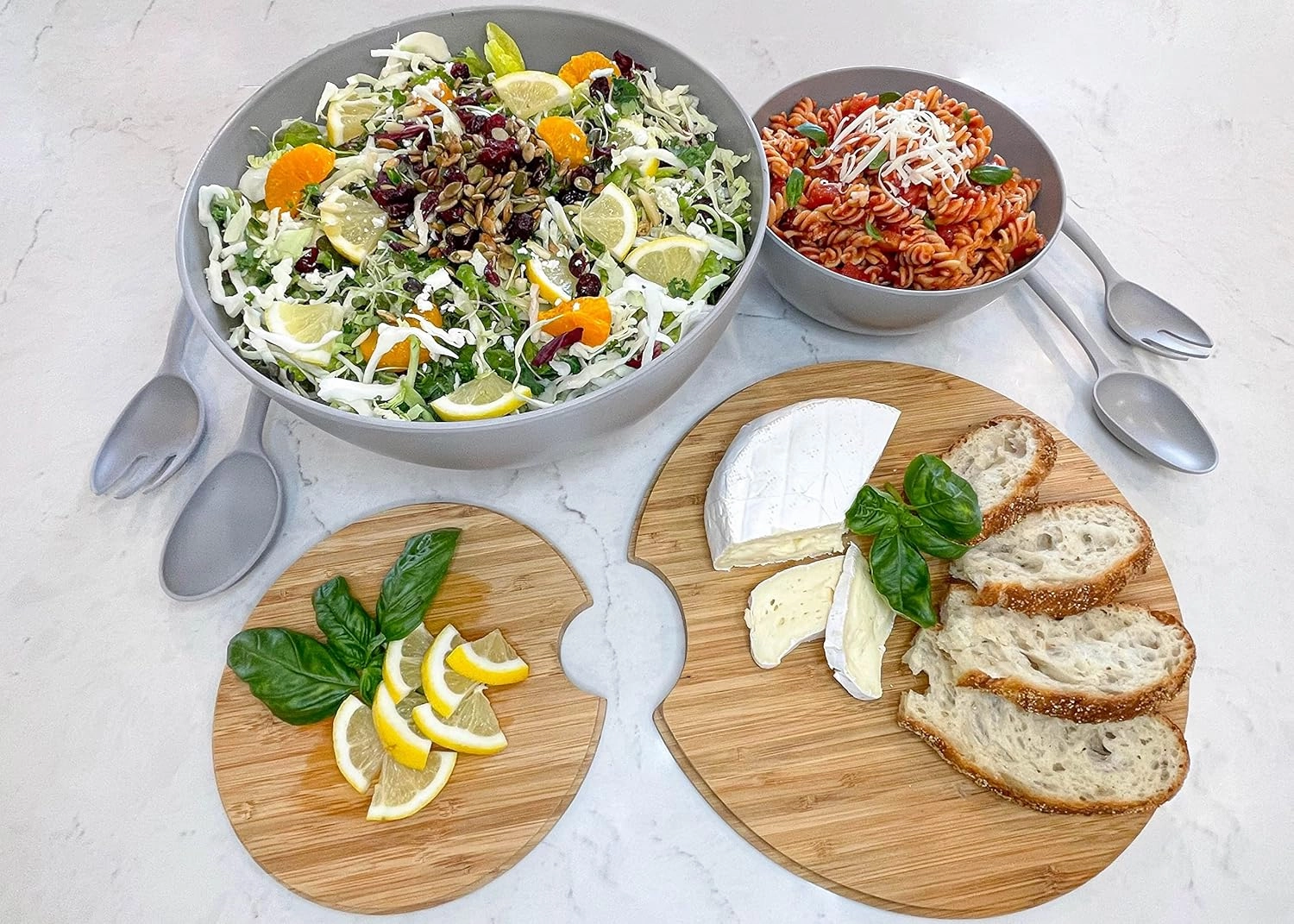 Large Salad and Serving Bowl with Bamboo Wood Lid and Servers 8pc Set - 11.5" and 8" Bamboo Fiber Pasta Bowls and Utensils with Wooden Cutting Board Tops (Grey)