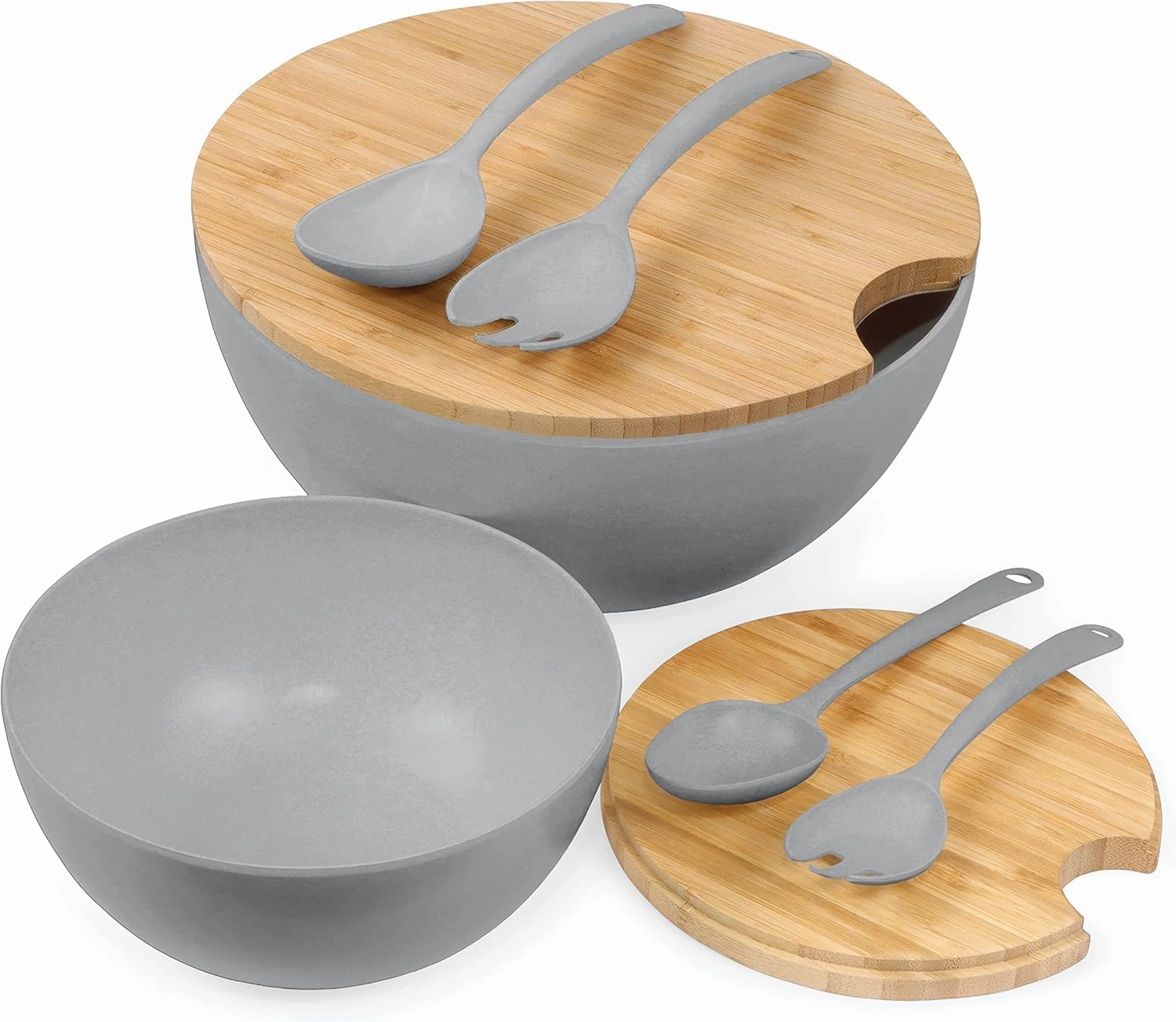 Large Salad and Serving Bowl with Bamboo Wood Lid and Servers 8pc Set - 11.5" and 8" Bamboo Fiber Pasta Bowls and Utensils with Wooden Cutting Board Tops (Grey)