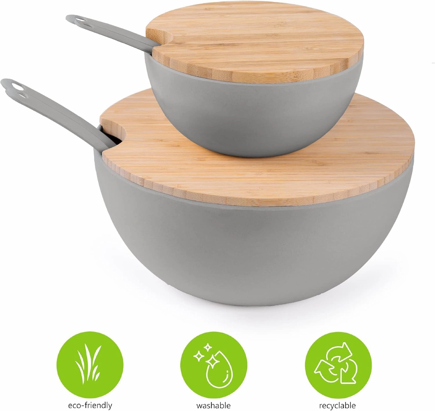 Large Salad and Serving Bowl with Bamboo Wood Lid and Servers 8pc Set - 11.5" and 8" Bamboo Fiber Pasta Bowls and Utensils with Wooden Cutting Board Tops (Grey)