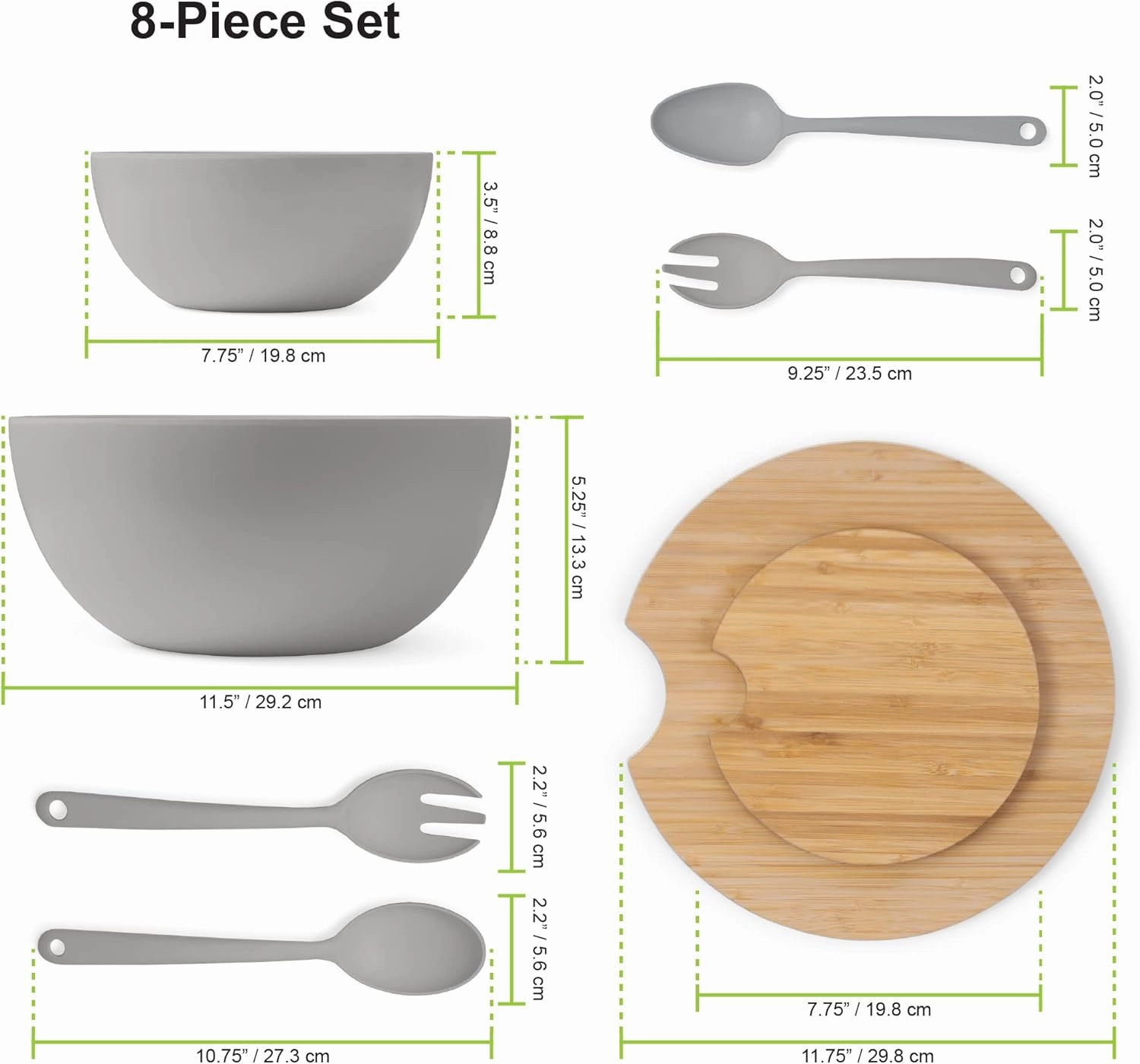 Large Salad and Serving Bowl with Bamboo Wood Lid and Servers 8pc Set - 11.5" and 8" Bamboo Fiber Pasta Bowls and Utensils with Wooden Cutting Board Tops (Grey)