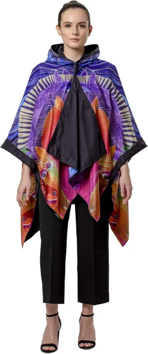 Laurel Burch Studios Women's Mikayla Reversible Rain Cape, One Size Fits All, Indigo, Mediterranean Blue, Lightweight, Water Repellent
