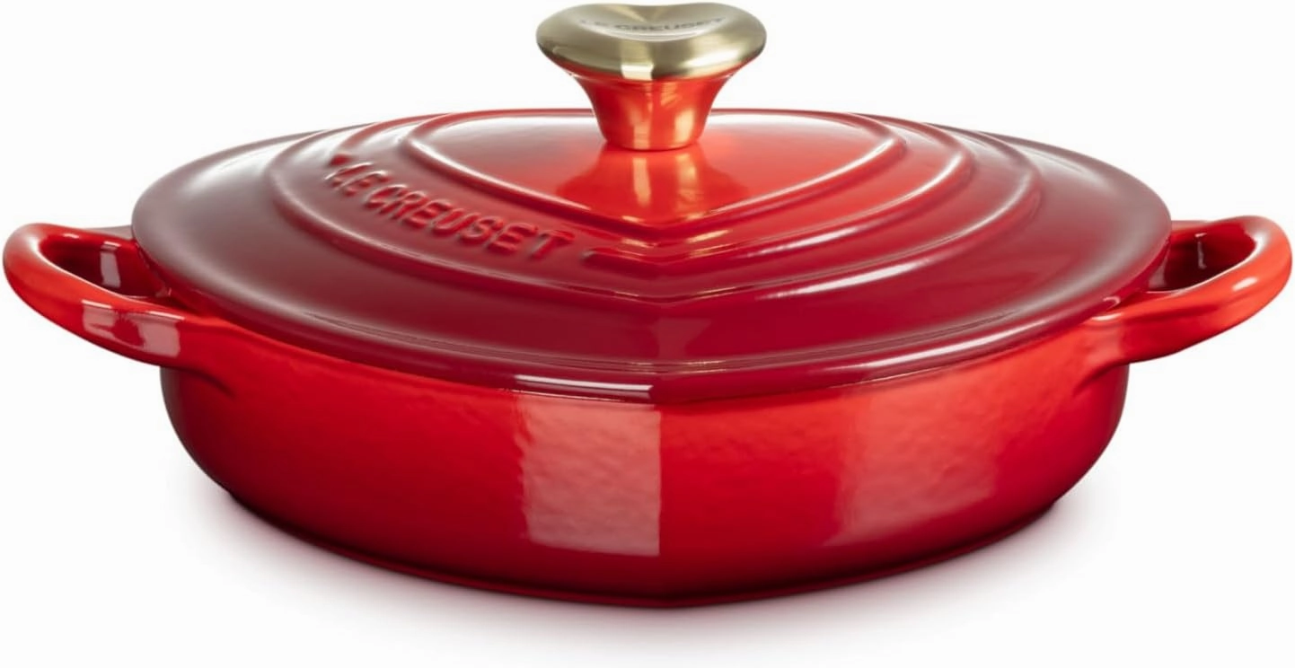 Le Creuset Enameled Cast Iron Traditional Shallow Heart Cocotte, 1.25 Qt., Cerise Light Gold Heart Knob