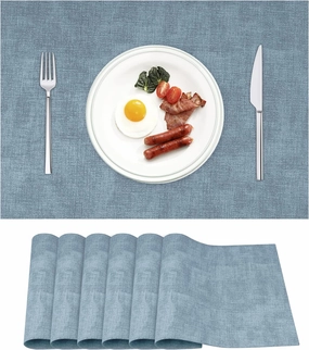 Leather Heat Resistant Placemats Set of 6 Waterproof Wipeable Washable PU Table Mats,Easy to Clean Anti-Slip Place Mats (Blue, 6)
