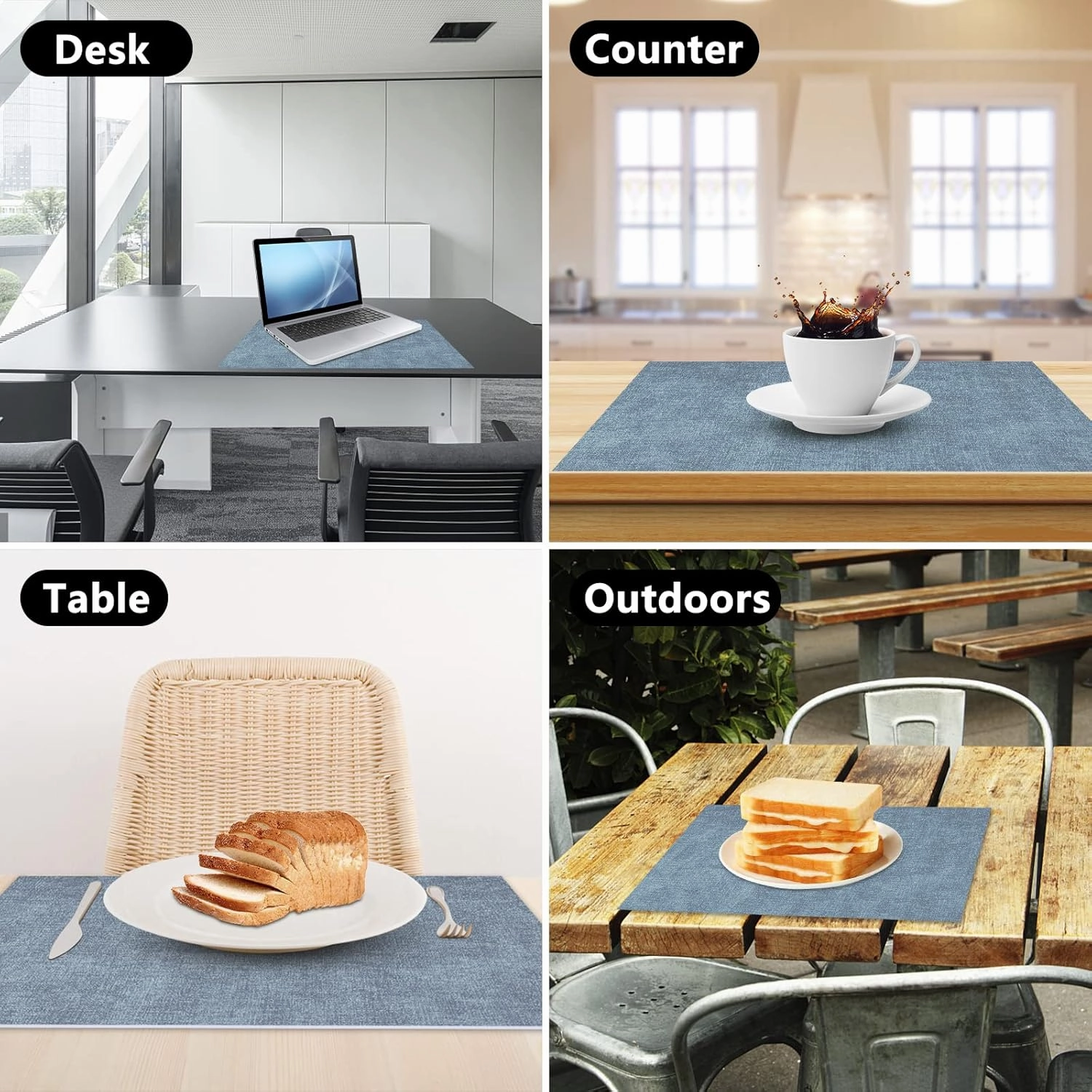 Leather Heat Resistant Placemats Set of 6 Waterproof Wipeable Washable PU Table Mats,Easy to Clean Anti-Slip Place Mats (Blue, 6)
