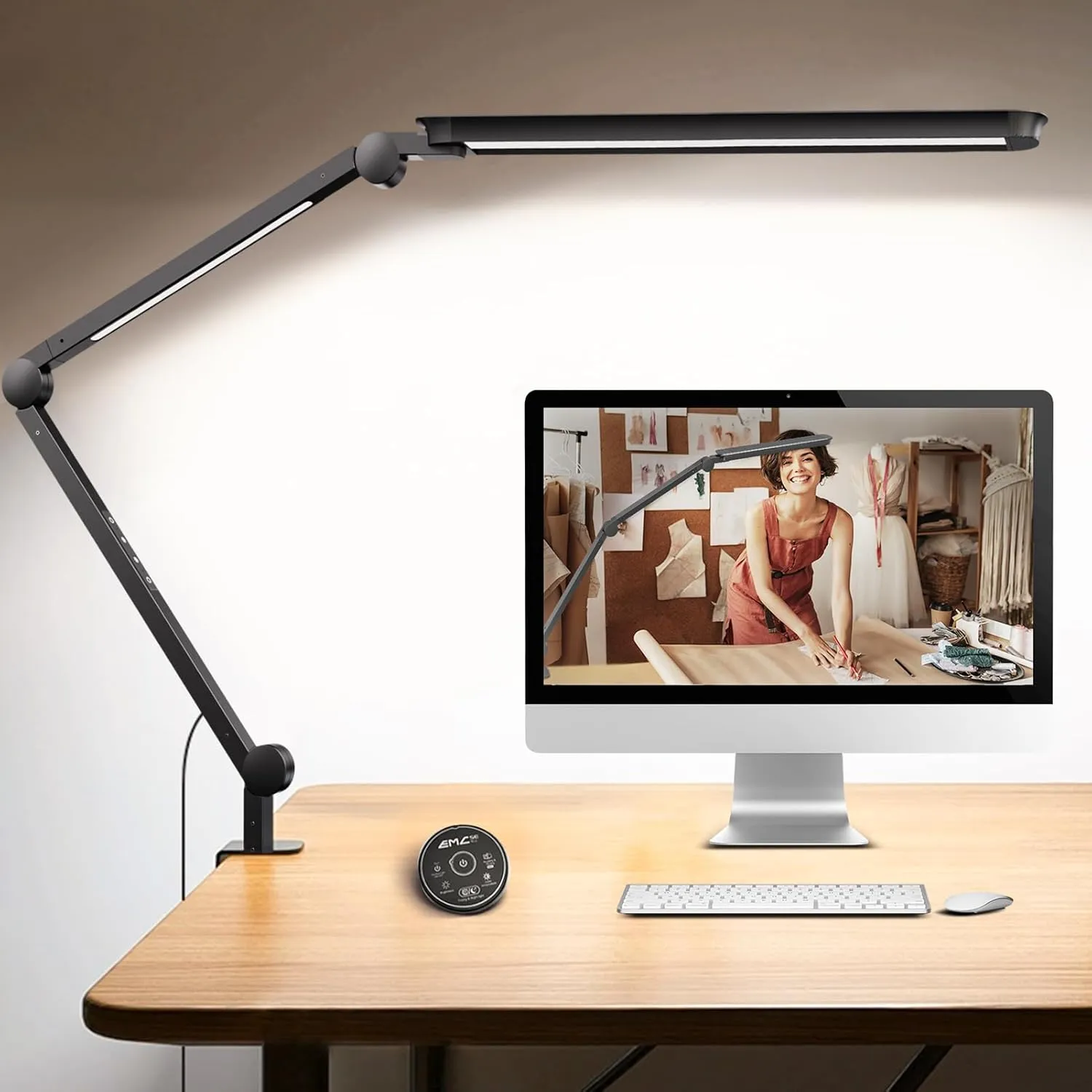 LED Desk Lamp with Clamp, Architect Desk Lamp with Remote, Flexible Swing Arm Desk Light with Dual LED Light, Stepless Dimming, 4 Color Mode & 4 Brightness for Sewing Painting Drafting Crafting