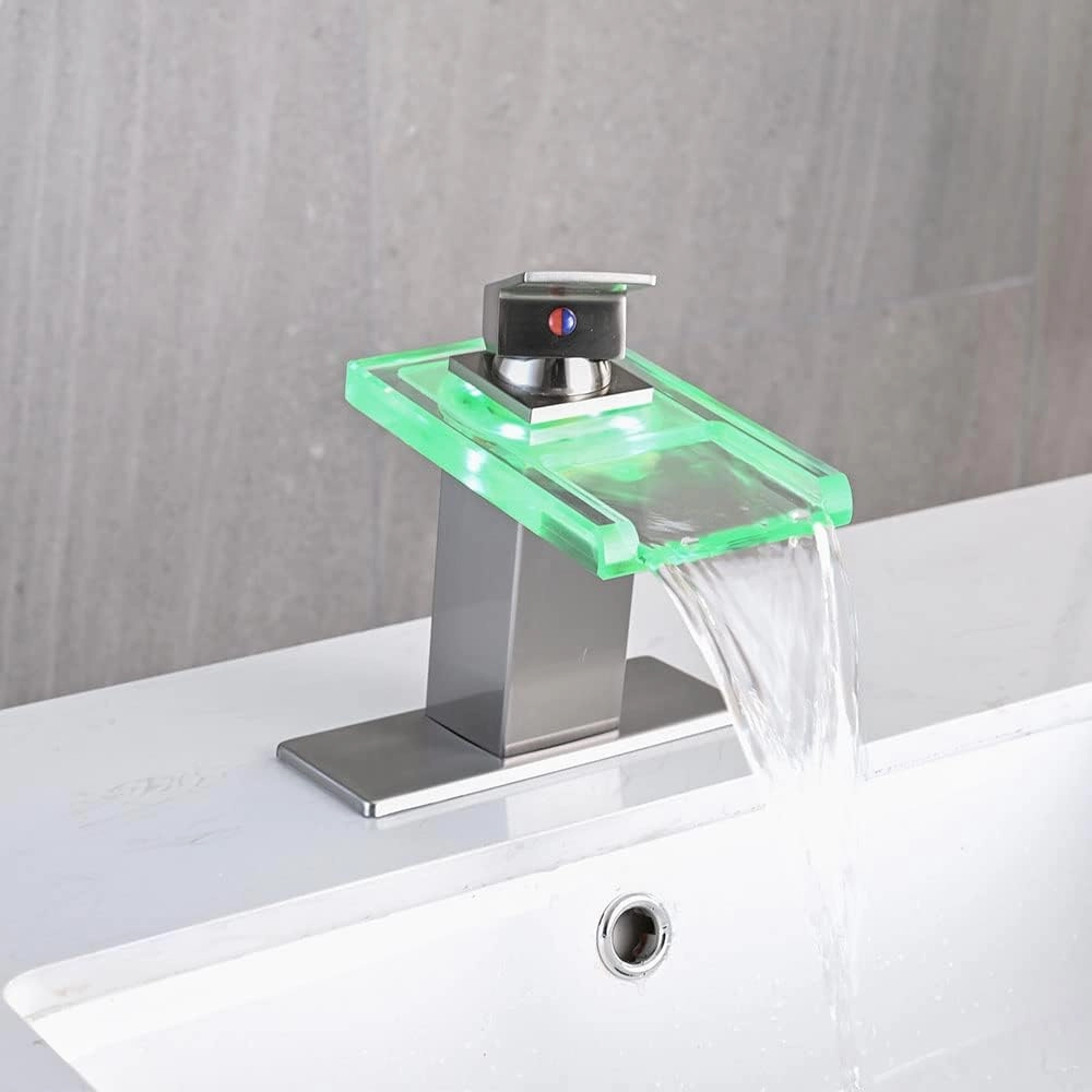 LED Bathroom Sink Faucet, Brushed Nickel Waterfall Single Hole Handle Vanity Faucets for Sinks 1 Hole with Metal Pop Up Drain and 2 Water Supply Lines, Open Glass Spout