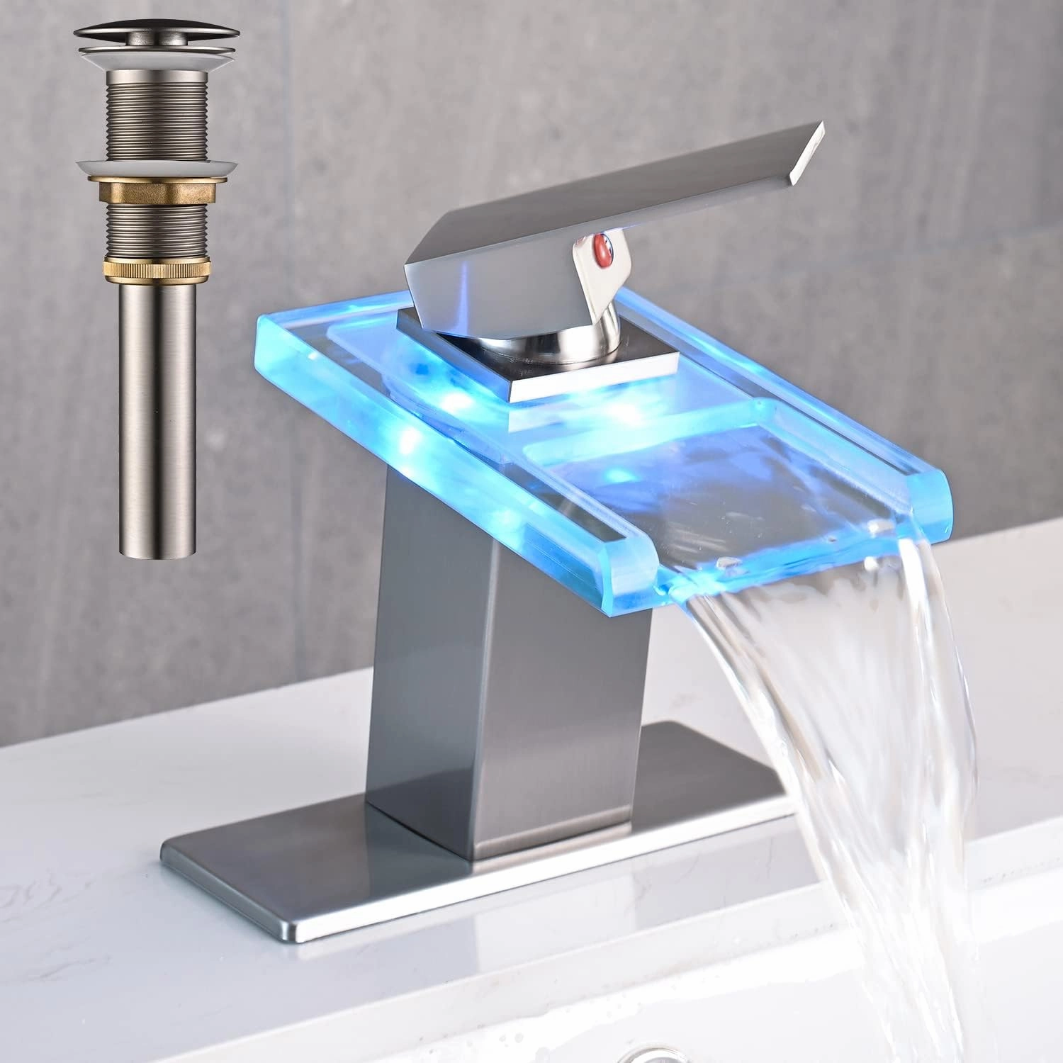 LED Bathroom Sink Faucet, Brushed Nickel Waterfall Single Hole Handle Vanity Faucets for Sinks 1 Hole with Metal Pop Up Drain and 2 Water Supply Lines, Open Glass Spout