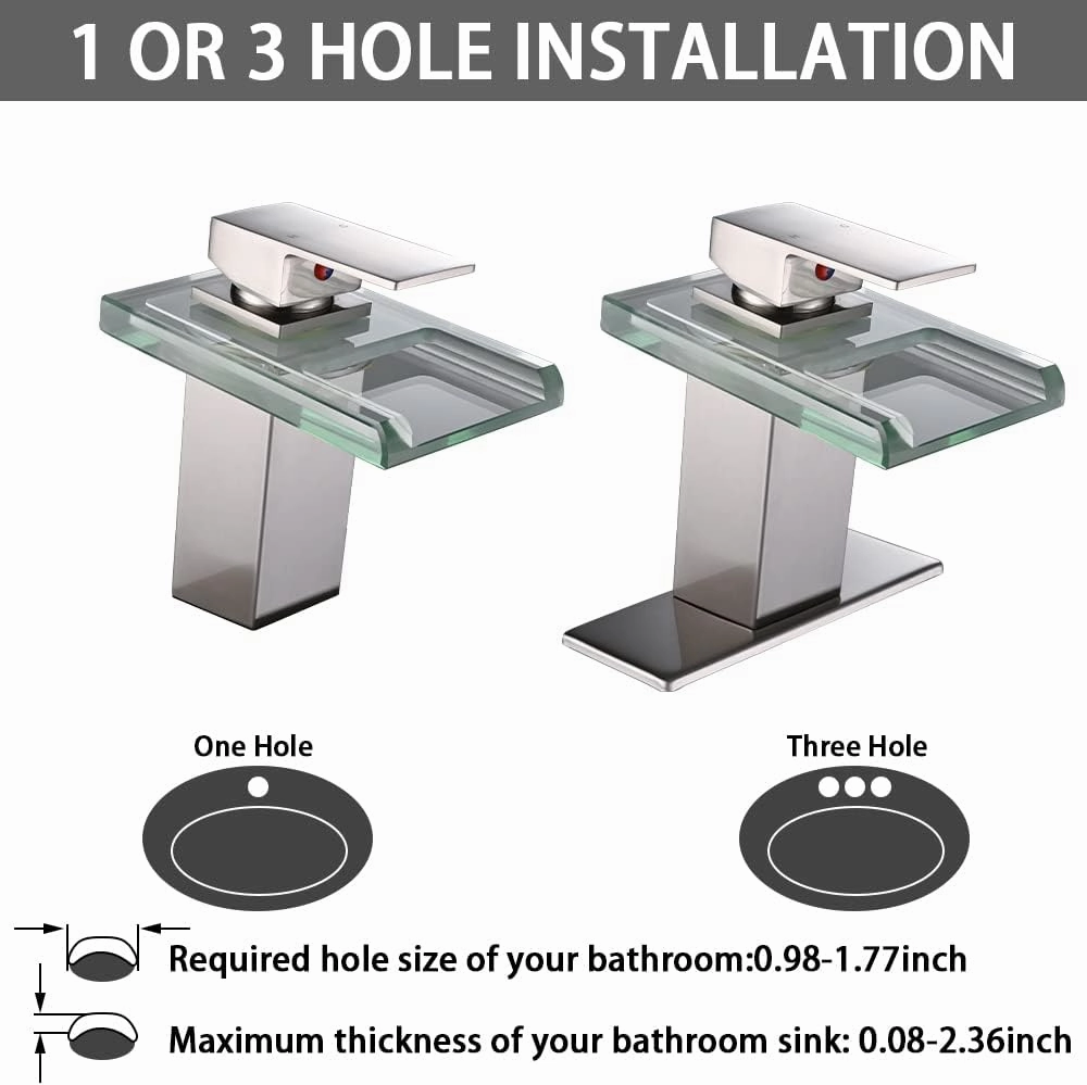 LED Bathroom Sink Faucet, Brushed Nickel Waterfall Single Hole Handle Vanity Faucets for Sinks 1 Hole with Metal Pop Up Drain and 2 Water Supply Lines, Open Glass Spout
