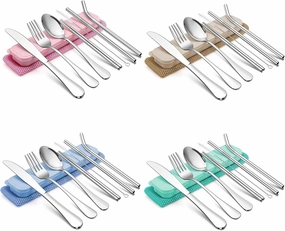 LIANYU 36-Piece Travel Camping Silverware Utensils Set, 4 Pack Stainless Steel Knife Fork Spoon, Chopsticks, Metal Straws, Reusable Lunch Flatware with Green Pink Blue Wheat Case Bag