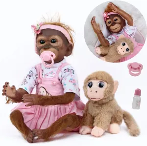 Lifelike Reborn Baby Dolls - 21 Inch Realistic Newborn Baby Dolls Girl Plush Monkey Doll with Baby Monkey, Pink Dress, Reborn Monkey Baby Dolls Boys Girls Toys & Gifts Reborn Baby Dolls Toddler