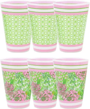 Lilly Pulitzer 14 Ounce Reusable Plastic Pool Cups, Set of 6 Durable Drinking Glasses, Lime Feeling Good/Butterfly Trellis