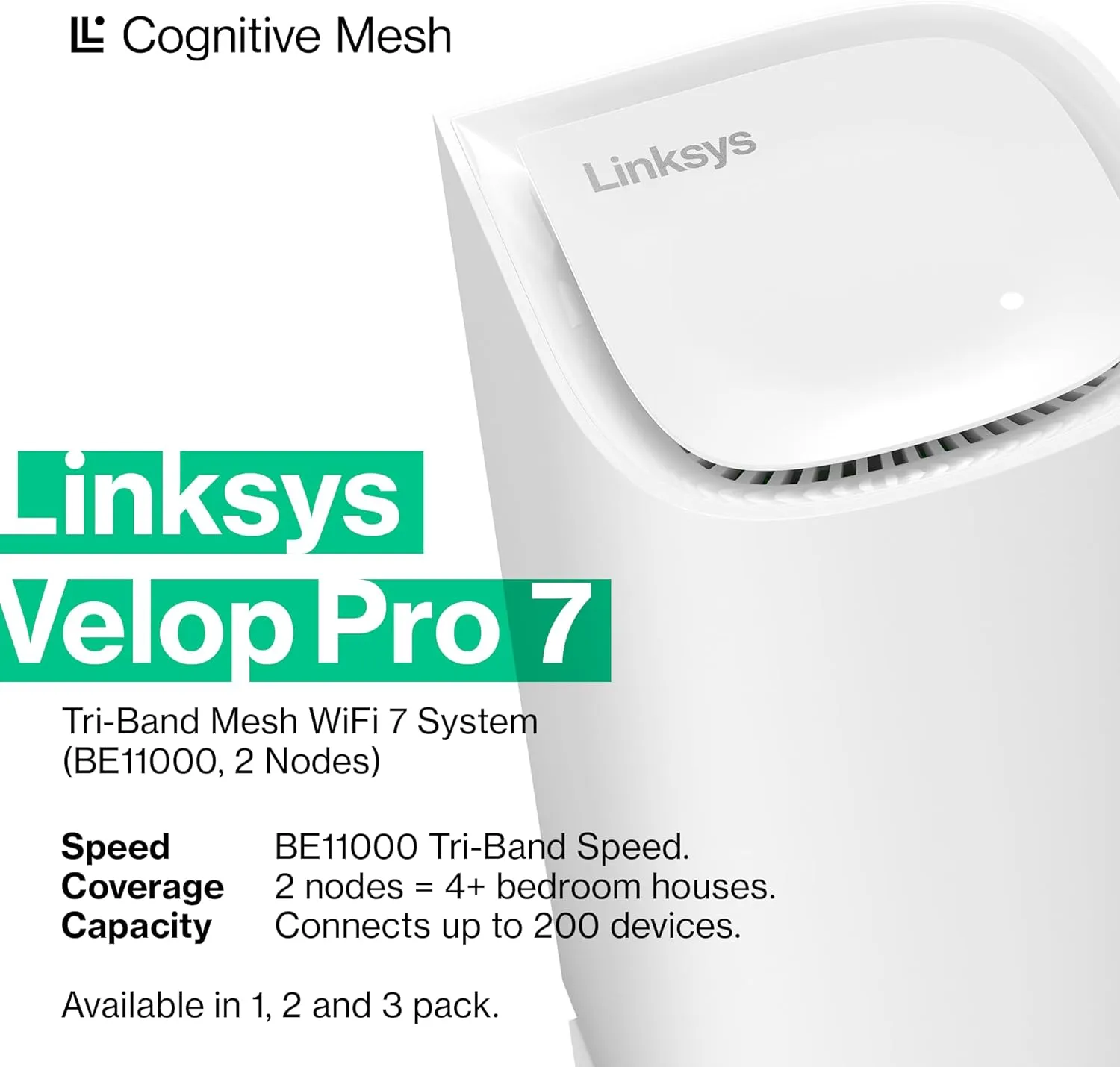 Linksys Velop Pro 7 WiFi Mesh System | Two Cognitive Mesh Tri-Band routers with Over 10 Gbps Speeds | Whole Home Coverage up to 6,000 sq. ft. | Connect 200  Devices | 2 Pack MBE7002 | 2023 Release