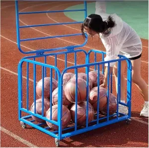 Lockable Ball Storage Cart with Wheels, Heavy Duty Rolling Sports Equipment Organizer Stackable Ball Cage with Lid, Metal Basketballs Footballs Rack for School/Gym(90x70x75cm)