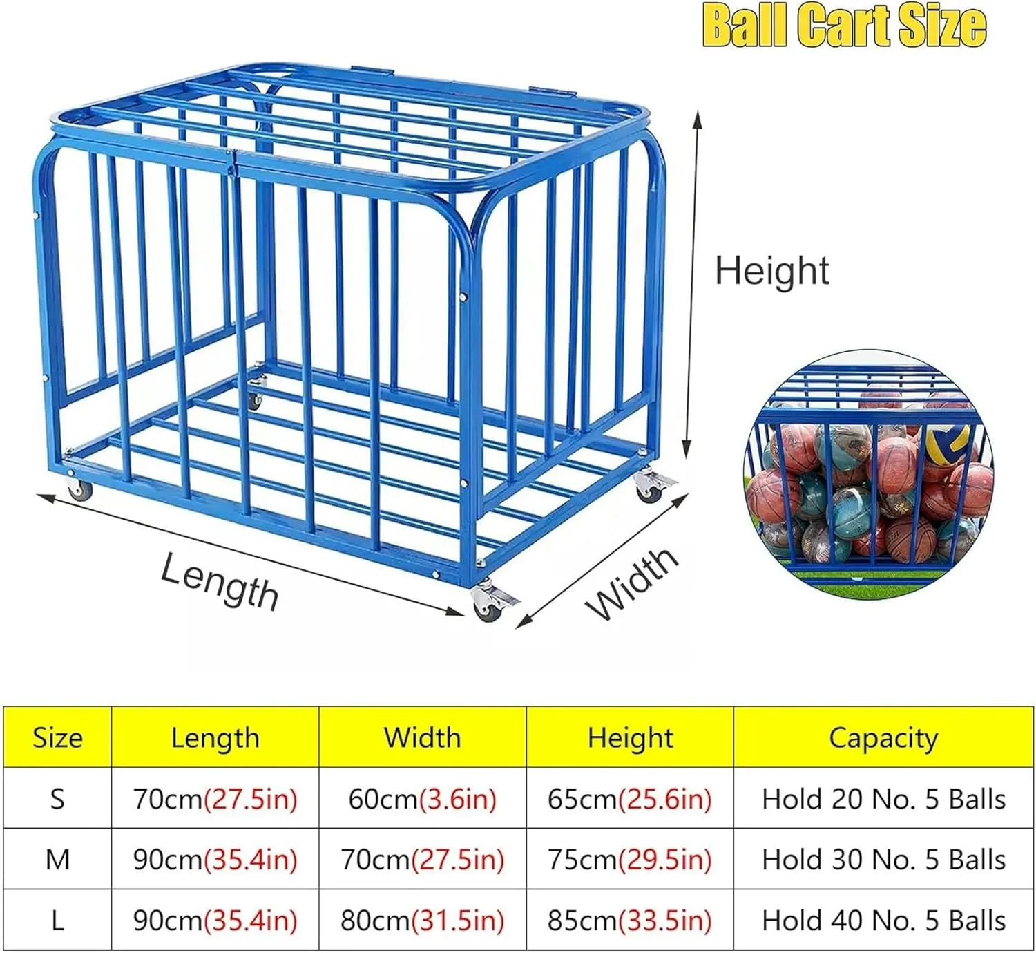 Lockable Ball Storage Cart with Wheels, Heavy Duty Rolling Sports Equipment Organizer Stackable Ball Cage with Lid, Metal Basketballs Footballs Rack for School/Gym~/