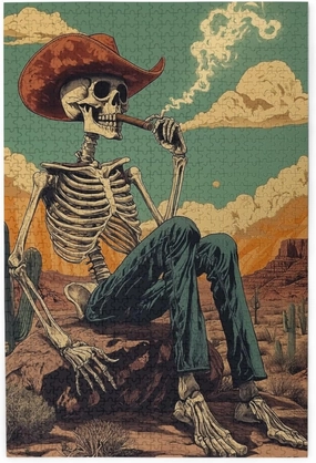 Lone Skeleton Cowboy Sitting in Desert Sunset,1000 Piece Wooden Puzzle for Adults,Brain Training Challenge,Stress Relief Activity,Haunting Western Artwork,eco-Friendly woodens Pieces
