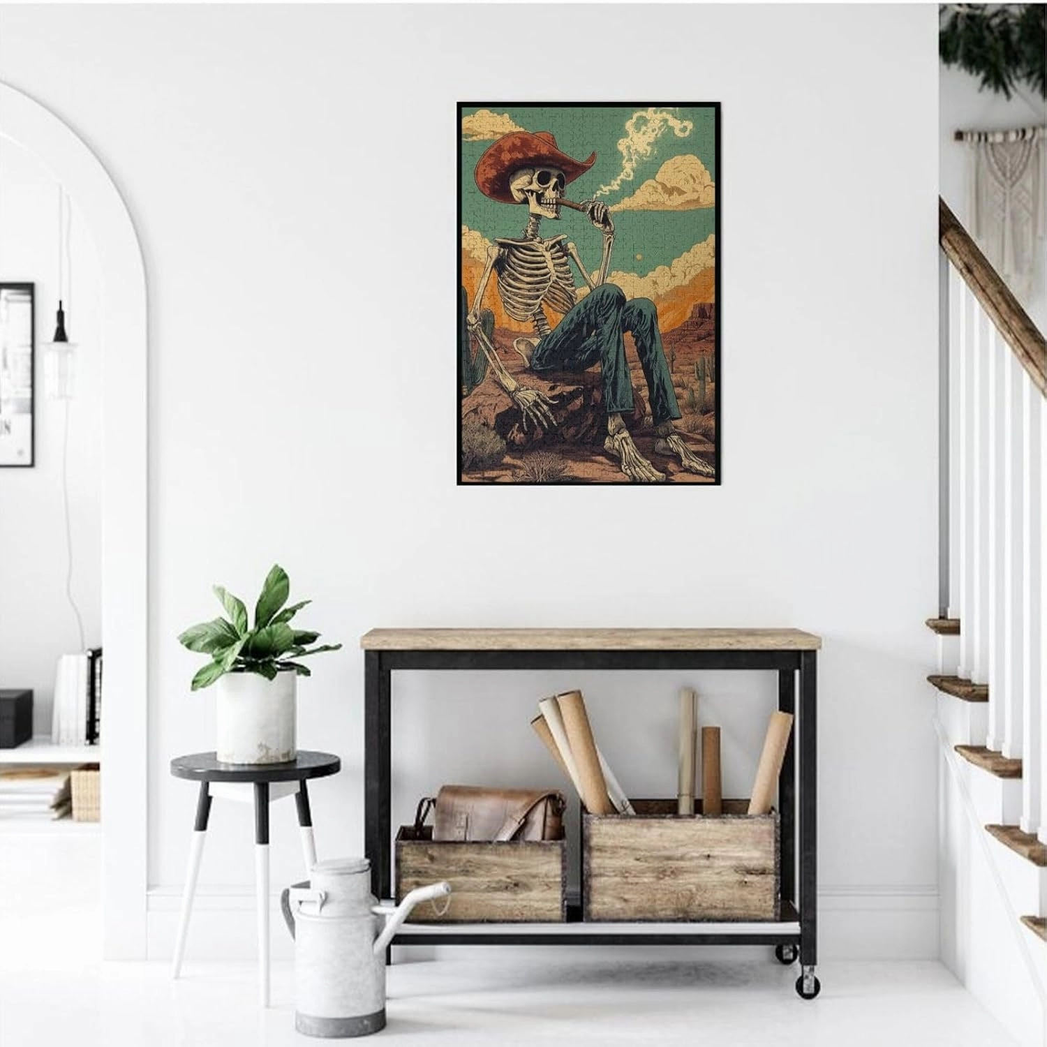 Lone Skeleton Cowboy Sitting in Desert Sunset,1000 Piece Wooden Puzzle for Adults,Brain Training Challenge,Stress Relief Activity,Haunting Western Artwork,eco-Friendly woodens Pieces
