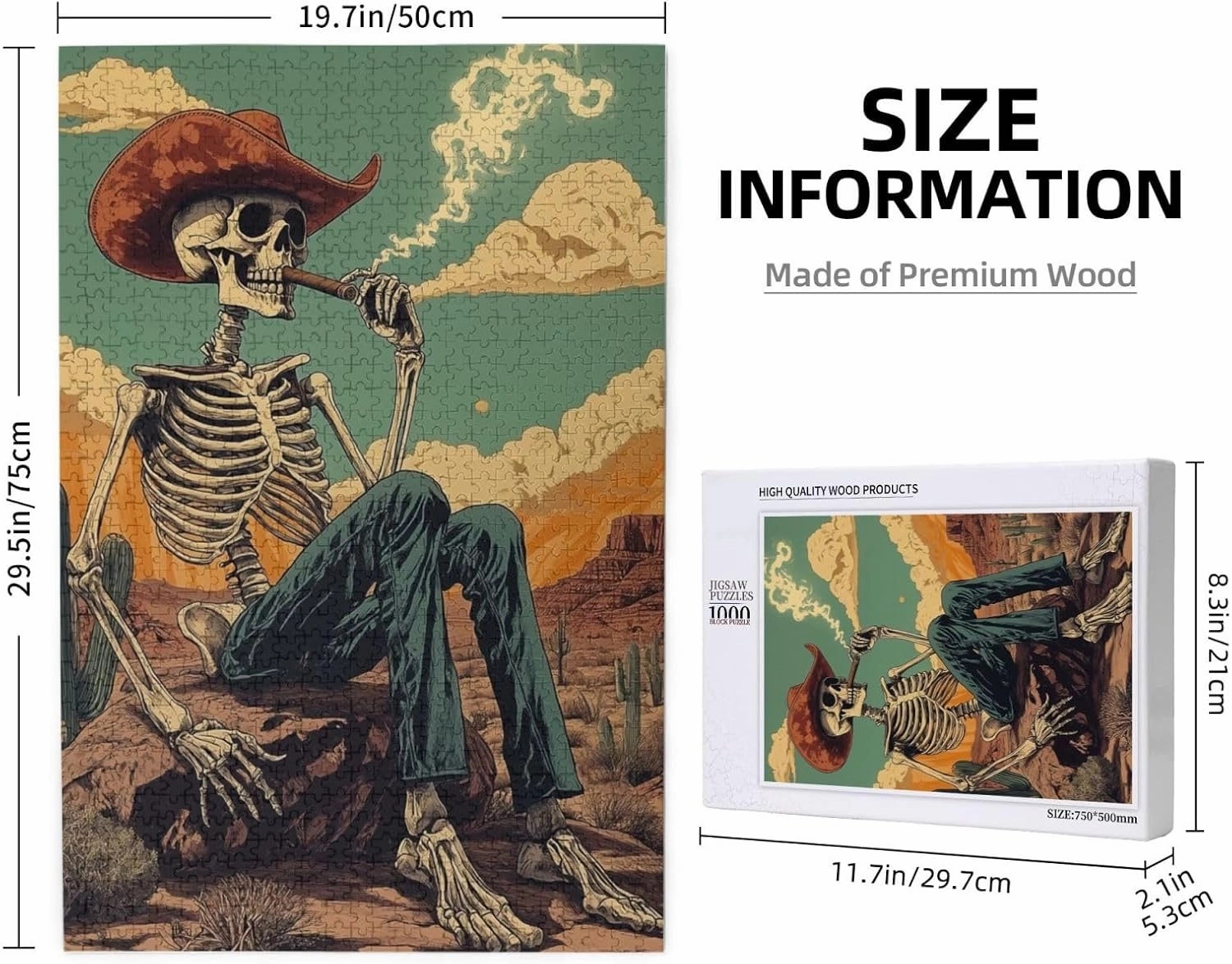 Lone Skeleton Cowboy Sitting in Desert Sunset,1000 Piece Wooden Puzzle for Adults,Brain Training Challenge,Stress Relief Activity,Haunting Western Artwork,eco-Friendly woodens Pieces