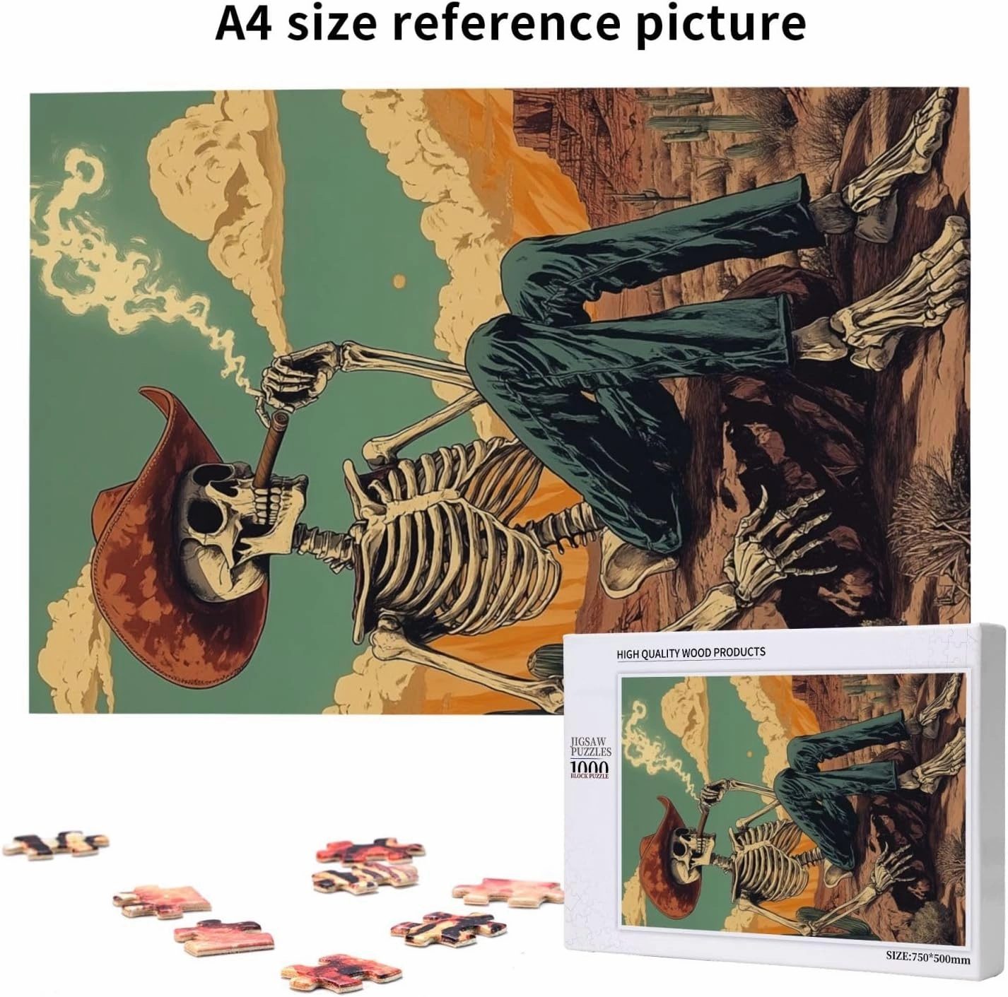 Lone Skeleton Cowboy Sitting in Desert Sunset,1000 Piece Wooden Puzzle for Adults,Brain Training Challenge,Stress Relief Activity,Haunting Western Artwork,eco-Friendly woodens Pieces