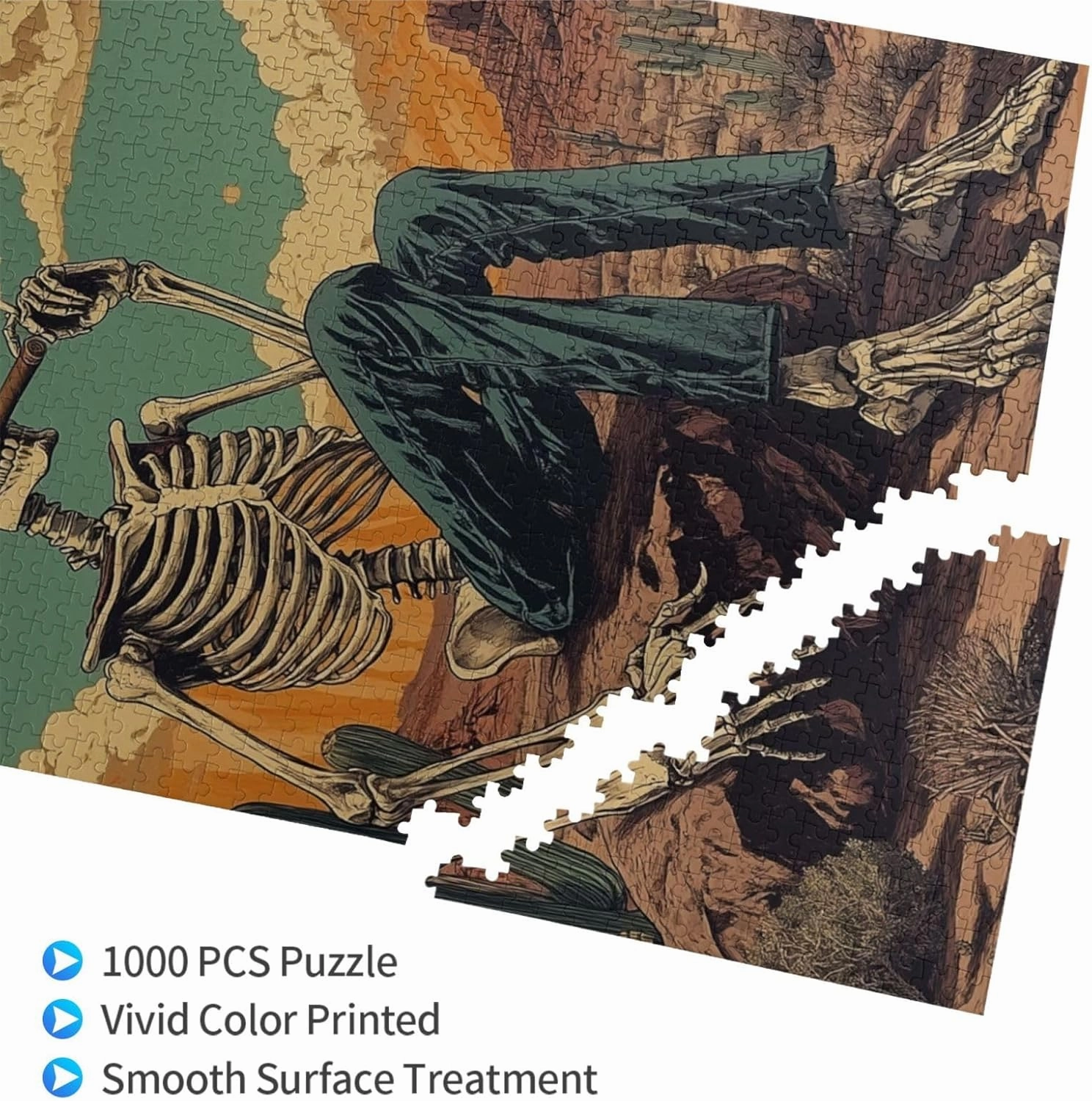 Lone Skeleton Cowboy Sitting in Desert Sunset,1000 Piece Wooden Puzzle for Adults,Brain Training Challenge,Stress Relief Activity,Haunting Western Artwork,eco-Friendly woodens Pieces