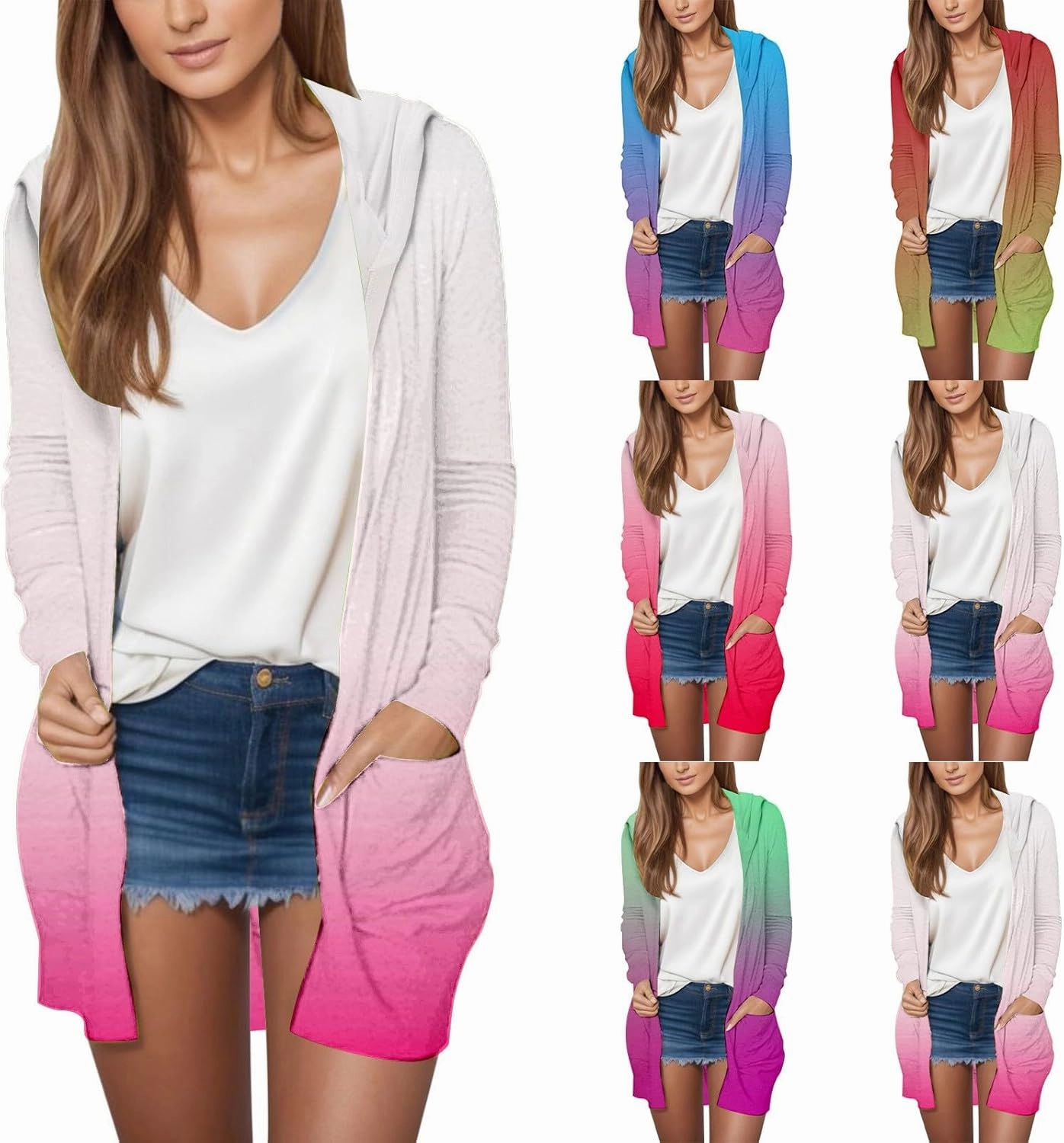 Long Cardigans for Women Trendy 2024 Summer Lightweight Casual Comfy Open Front Hooded Cardigan Sweater with Pocket