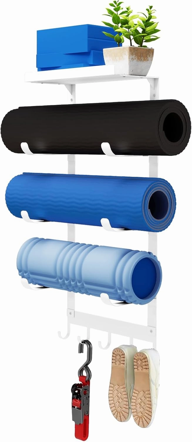 LSK Yoga Mat Holder Wall Mount, White Yoga Mats Storage Rack, Home Gym Storage with Metal Floating Shelf for Storing Fitness, Yoga Mat Rack with 5 Hooks for Hanging Foam Rollers and Resistance Bands