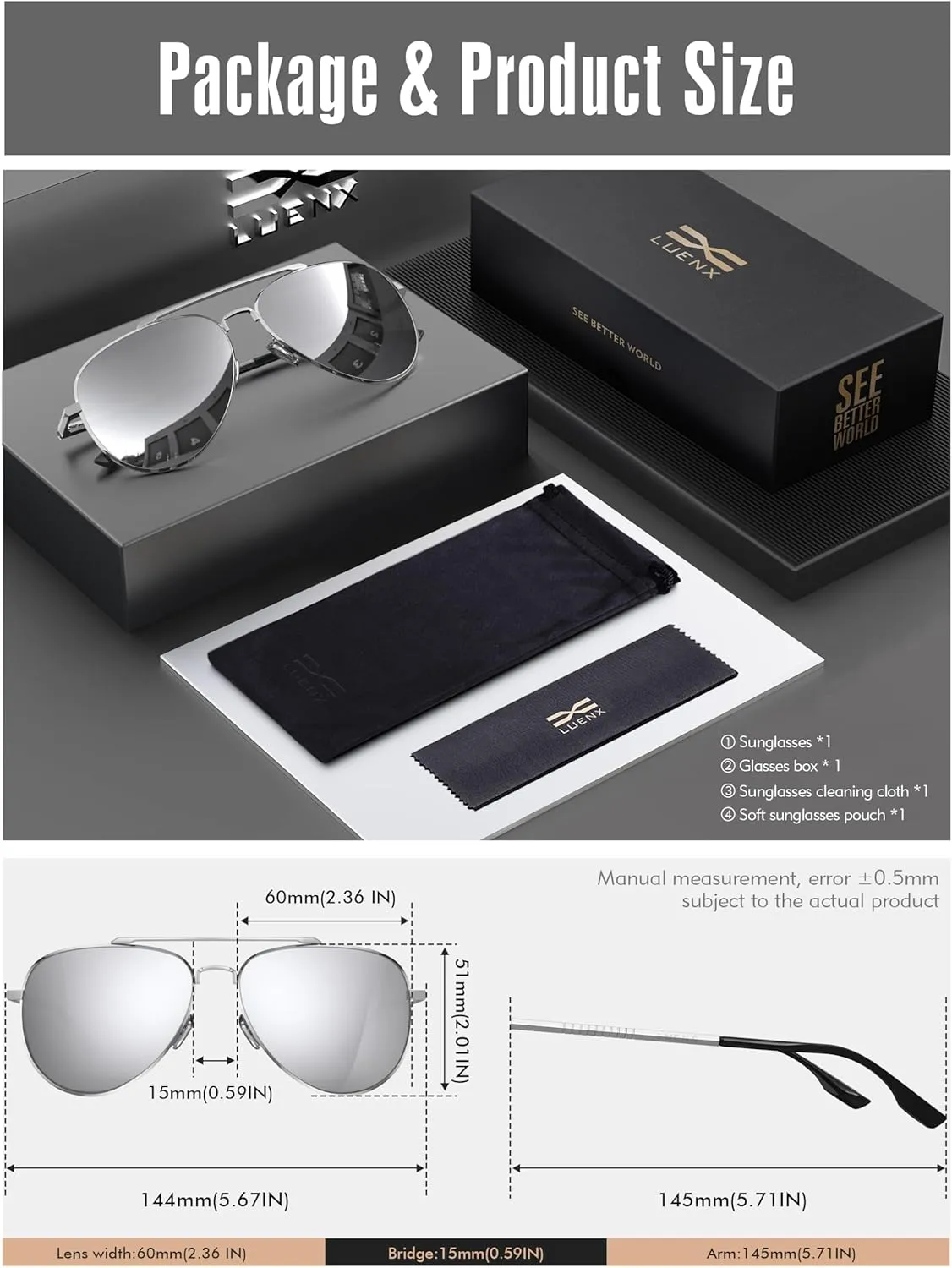 LUENX Aviator Sunglasses for Men Women Polarized Driving Classic Shades - UV 400 Protection with Accessories 60MM