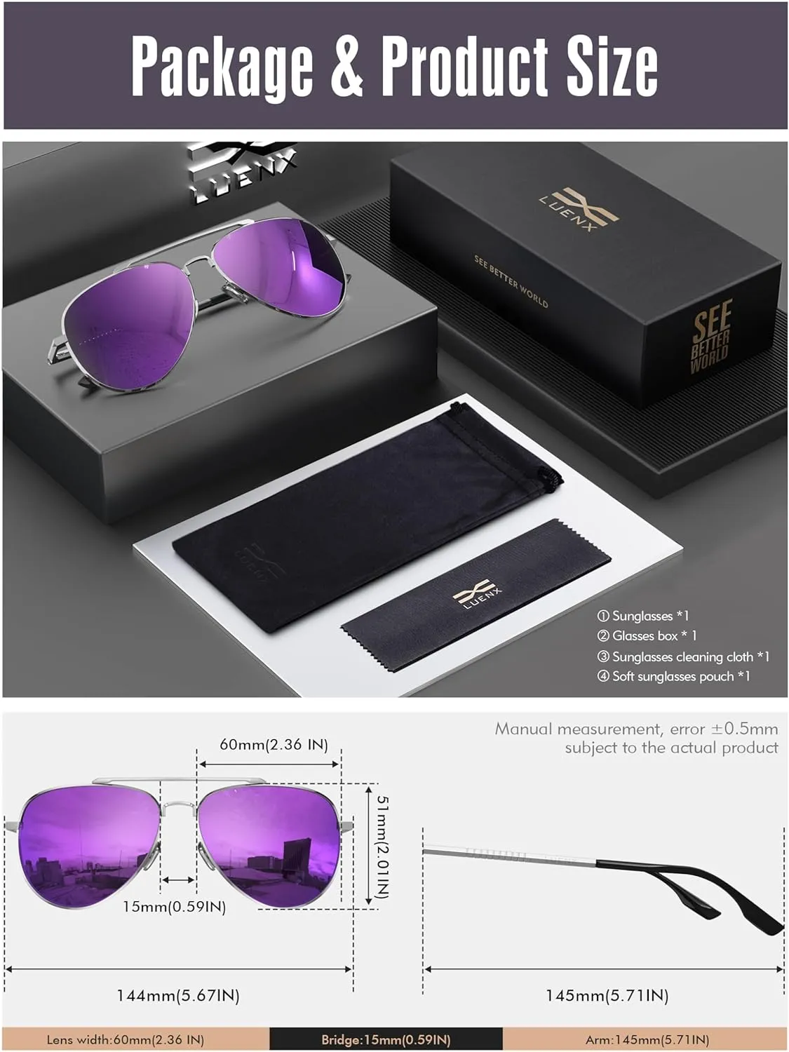 LUENX Aviator Sunglasses for Men Women Polarized Driving Classic Shades - UV 400 Protection with Accessories 60MM