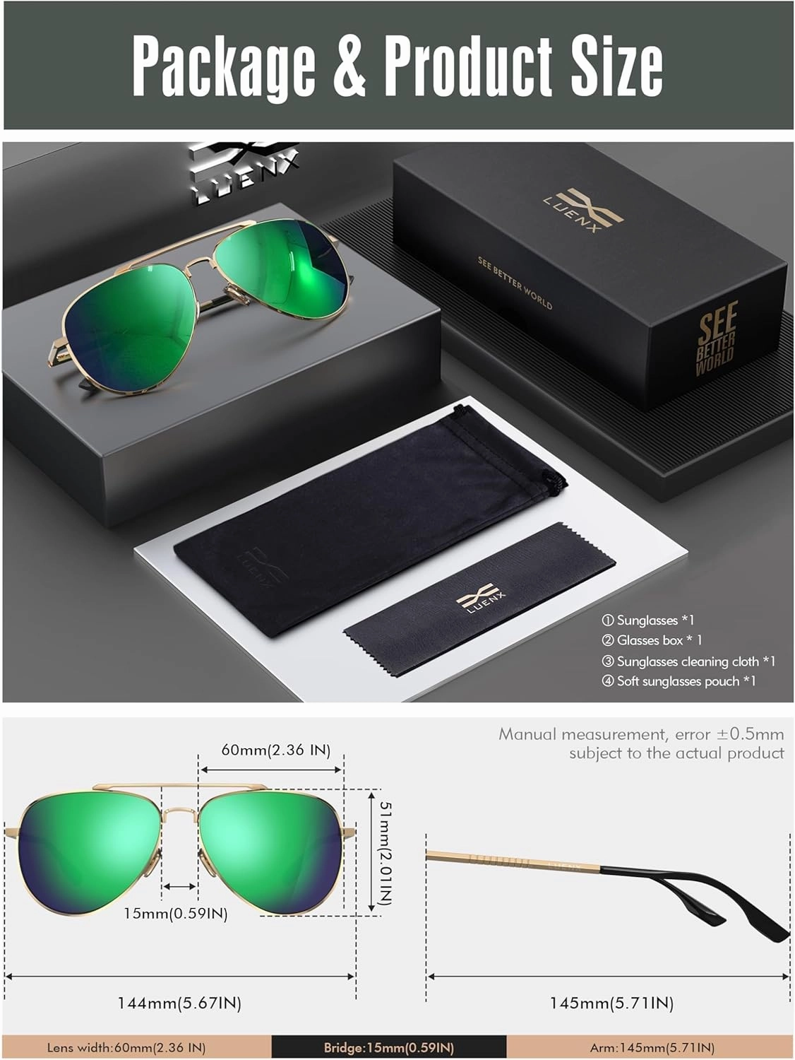 LUENX Aviator Sunglasses for Men Women Polarized Driving Classic Shades - UV 400 Protection with Accessories 60MM