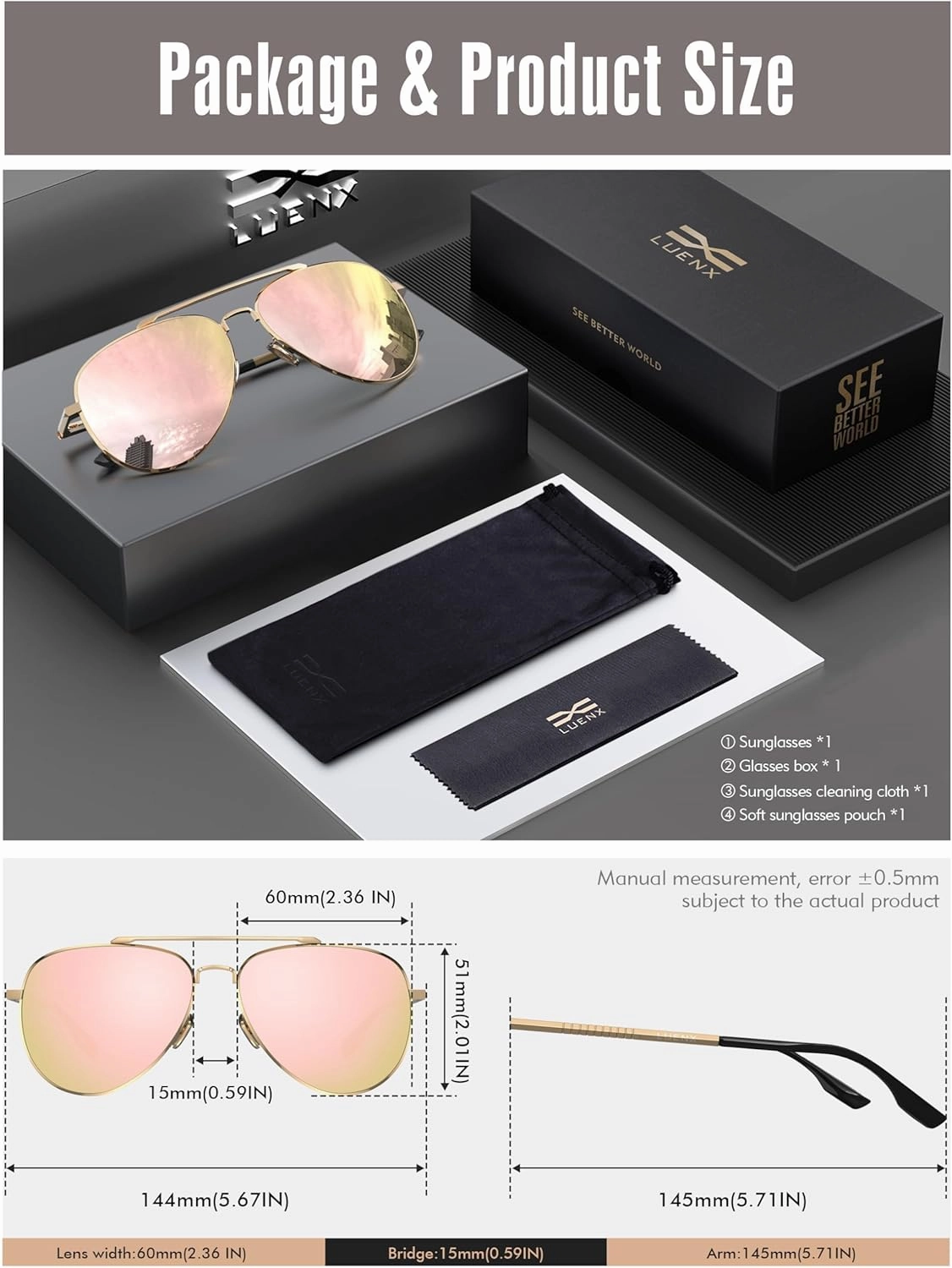 LUENX Aviator Sunglasses for Men Women Polarized Driving Classic Shades - UV 400 Protection with Accessories 60MM