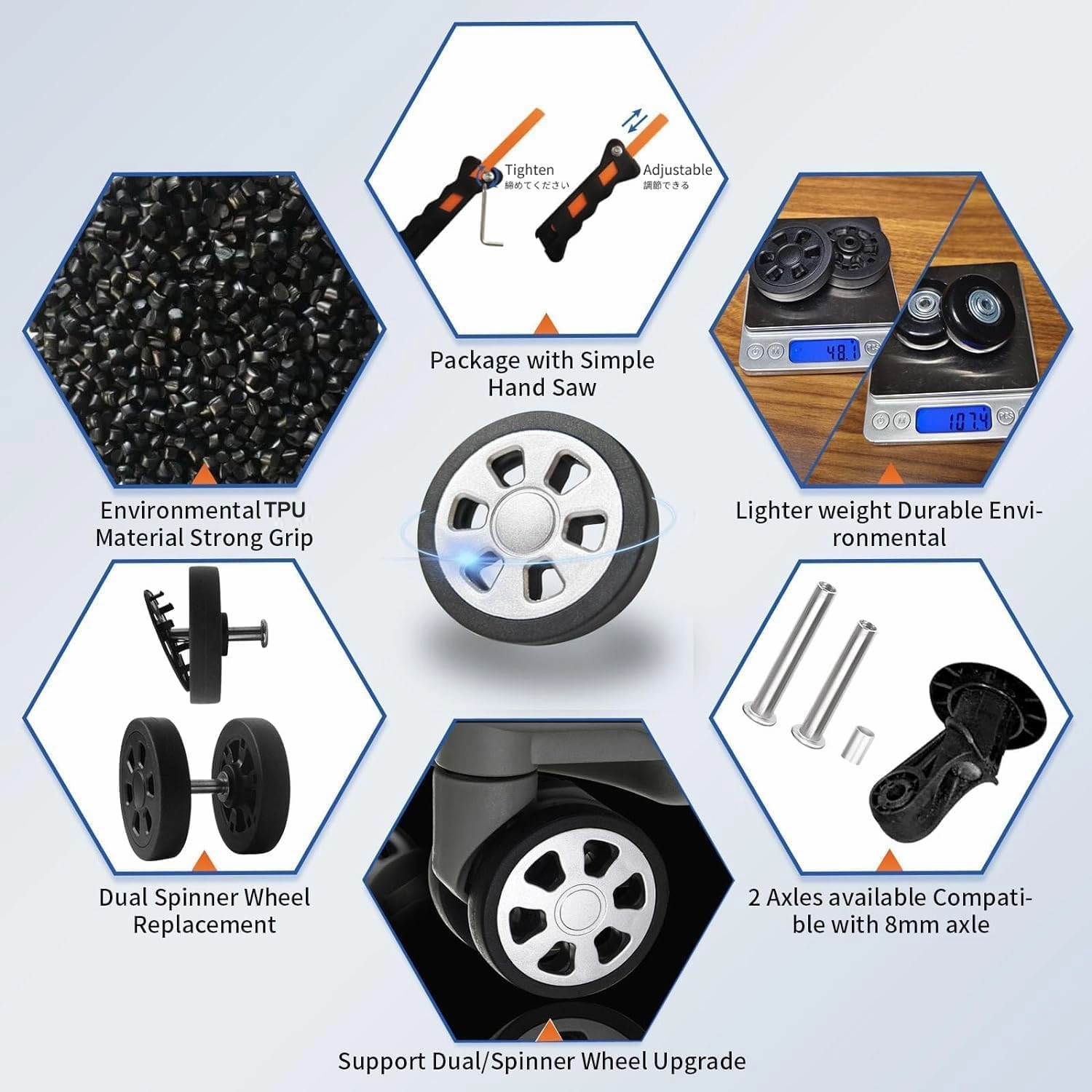 Luggage Wheels Replacement Set 8PCS 60mm Suitcase Wheel TPU Rubber Spinner Roller Full Set Repair Tool for Spinner Suitcase Trolley Bag Drawbar Travel Box