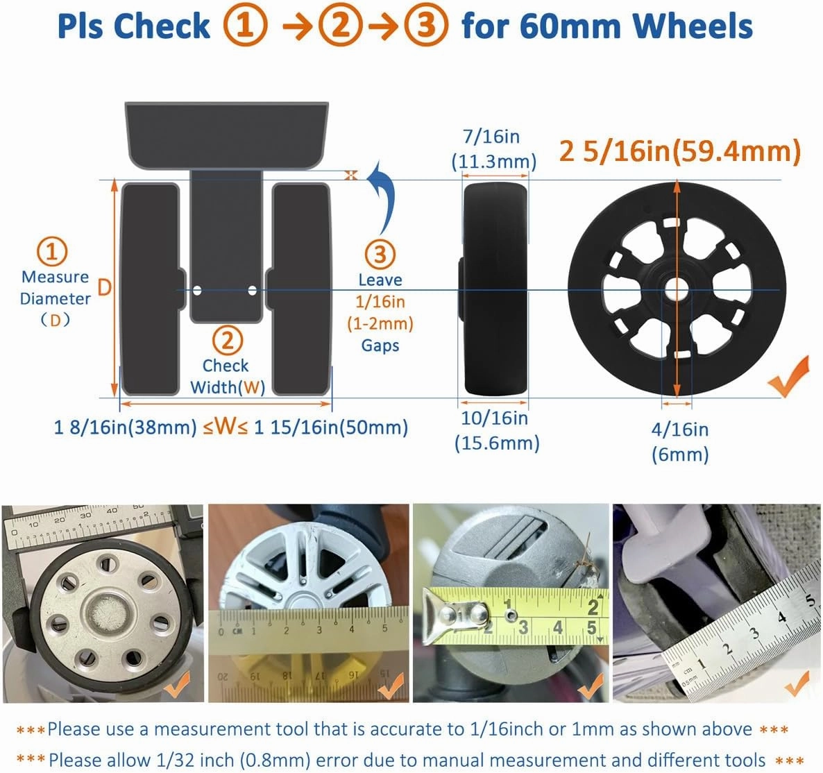 Luggage Wheels Replacement Set 8PCS 60mm Suitcase Wheel TPU Rubber Spinner Roller Full Set Repair Tool for Spinner Suitcase Trolley Bag Drawbar Travel Box
