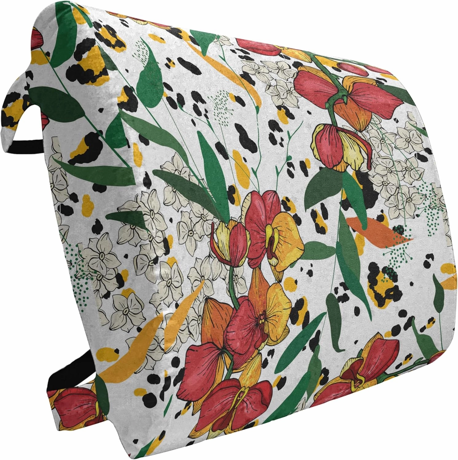 Lunarable Exotic Lumbar Back Support Pillow, Lily Bloom Bouquets Colorful Aster Flowers Blowing Spring Revival on Leopard Back, High Density Foam for Office Chairs Car Seats, 14" x 13", Multicolor