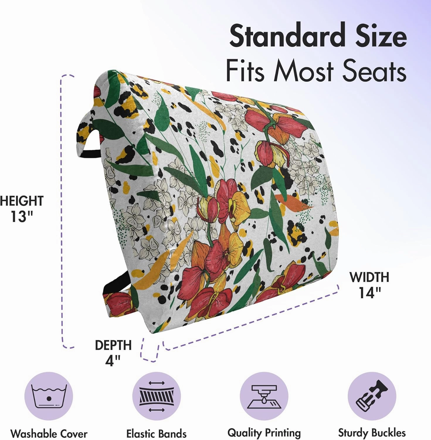 Lunarable Exotic Lumbar Back Support Pillow, Lily Bloom Bouquets Colorful Aster Flowers Blowing Spring Revival on Leopard Back, High Density Foam for Office Chairs Car Seats, 14" x 13", Multicolor
