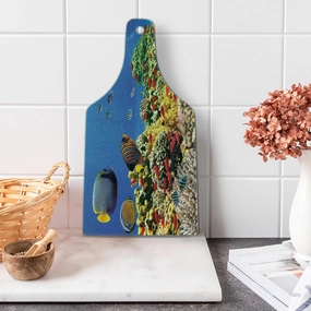Lunarable Ocean Cutting Board, Submerged Colorful Coral Colony on Reef Exotic Fishes Tranquil Shallow Sea Picture, Decorative Tempered Glass Cutting and Serving Board, Wine Bottle Shape, Multicolor