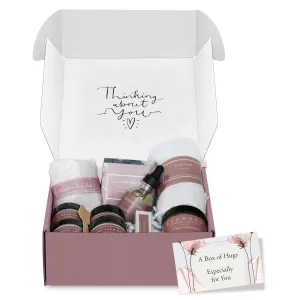 Lynwood Self Care Gifts for Women: Thinking About You Gift Set With All Natural Sugar Shower Scrub, Soap and Lotion Set, Shower Bombs, Hydrating Body Oil, Scented Candle, Relaxing Lavander Bath Salts