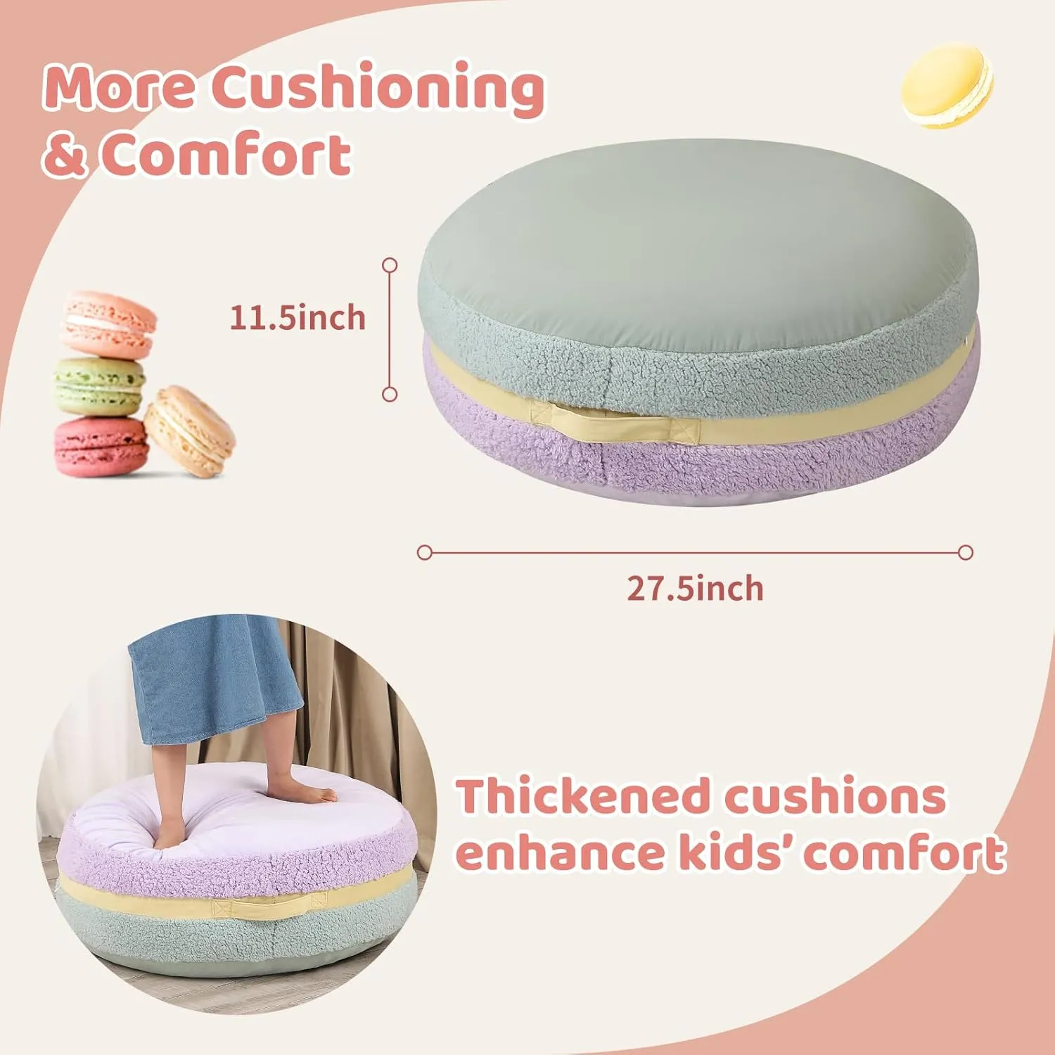 Macaron Bean Bag Chair for Kids and Teens, Comfy Sherpa Pouf Ottoman for Kids and Adult, 27.5"×27.5"×13.5", Purple and Green