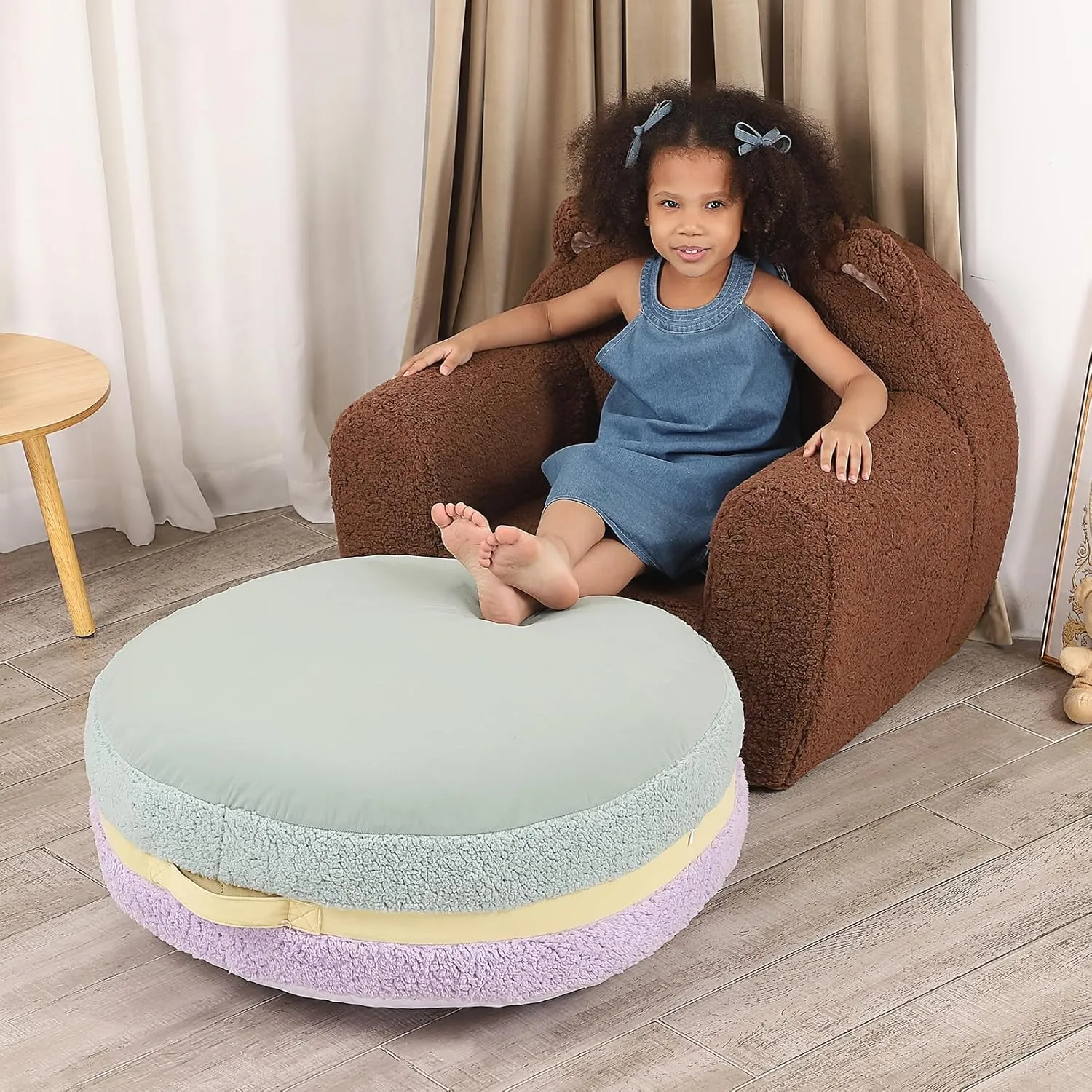 Macaron Bean Bag Chair for Kids and Teens, Comfy Sherpa Pouf Ottoman for Kids and Adult, 27.5"×27.5"×13.5", Purple and Green