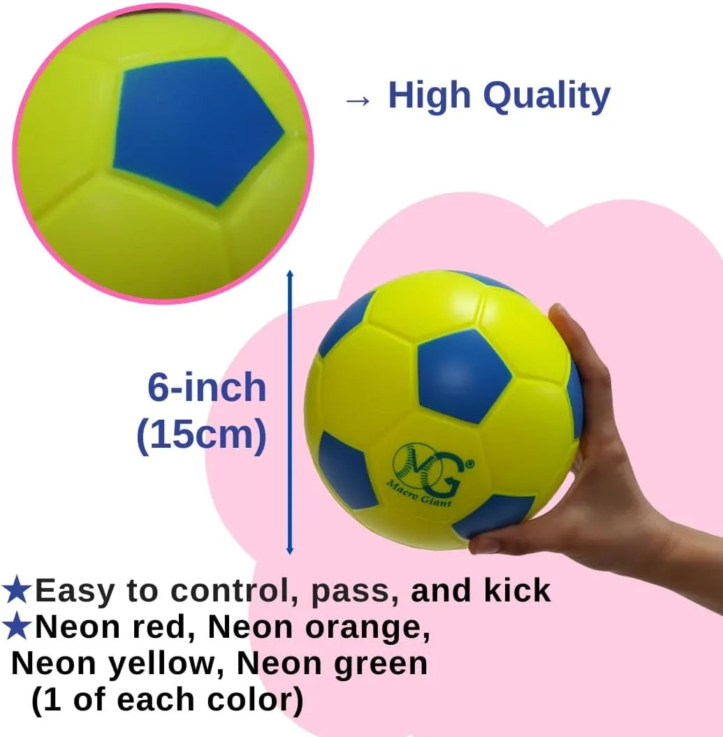 Macro Giant 6 Inch (Dia.) PU Foam Soccer, Set of 4, Neon Red, Neon Orange, Neon Yellow, Neon Green, Training Balls, Practice, Beginner, Kid Sports, Kickball, Physical Education Exercise